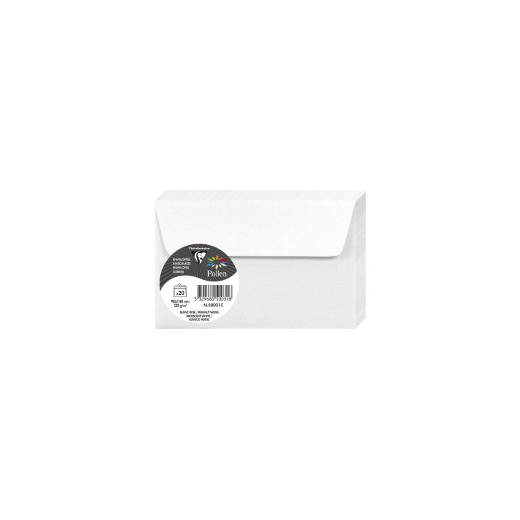 20 enveloppes CLAIREFONTAINE Pollen - 90 x 140 mm - 120 g/m² - Blanc irisé - 3329680500318
