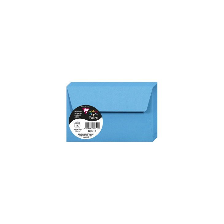 20 enveloppes CLAIREFONTAINE Pollen - 90 x 140 mm - 120 g/m² - Bleu turquoise - 3329680555103