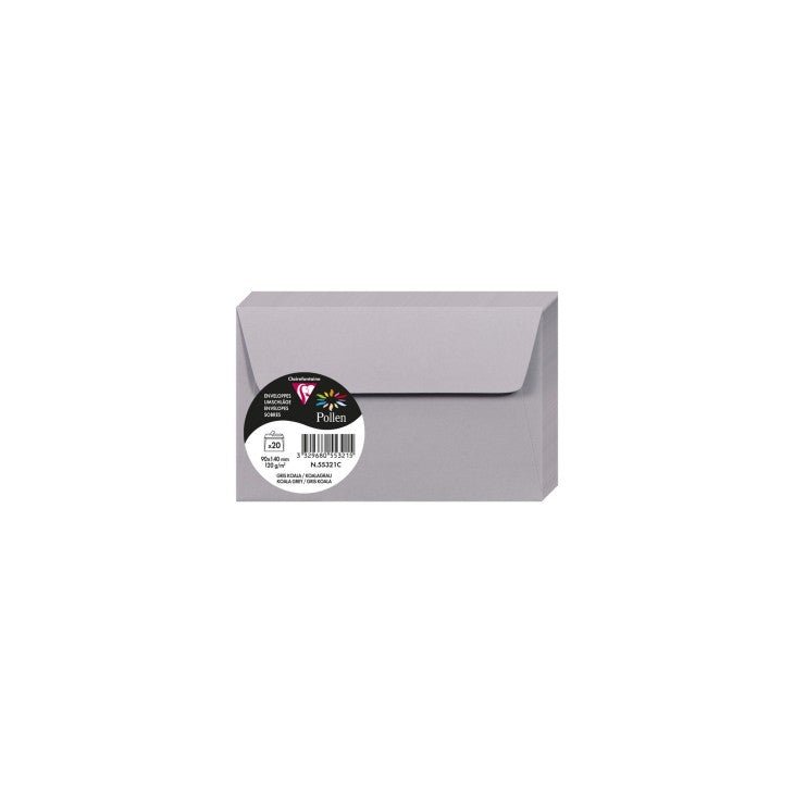 20 enveloppes CLAIREFONTAINE Pollen - 90 x 140 mm - 120 g/m² - Gris koala - 3329680553215