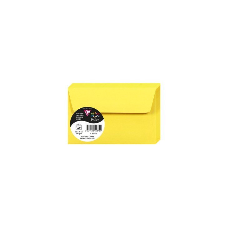 20 enveloppes CLAIREFONTAINE Pollen - 90 x 140 mm - 120 g/m² - Jaune soleil - 3329680556100