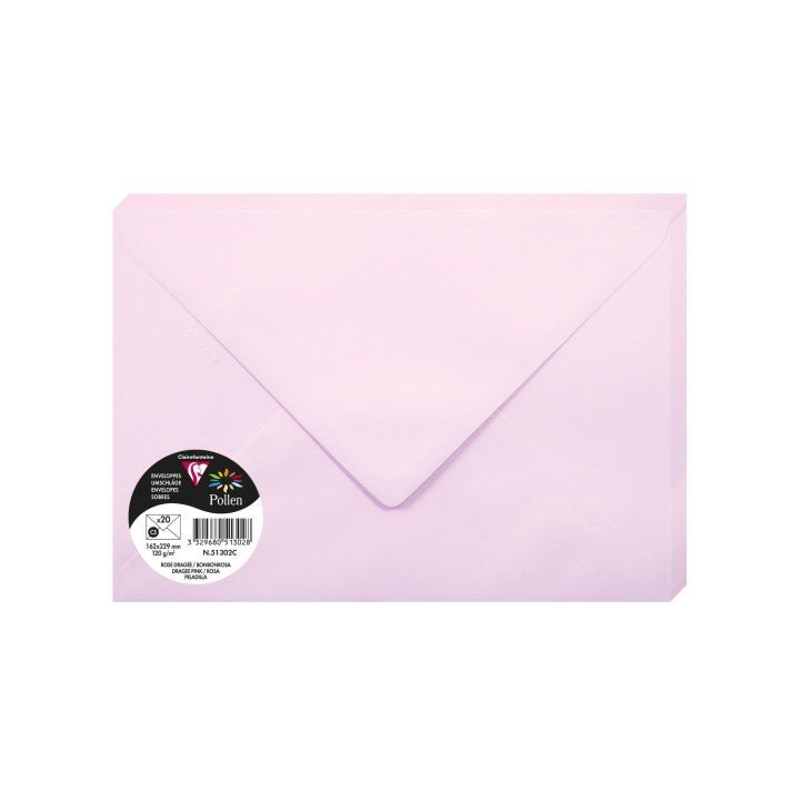 20 enveloppes CLAIREFONTAINE Pollen - C5 (162 x 229 mm) - 120 g/m² - Rose dragée - 3329680513028