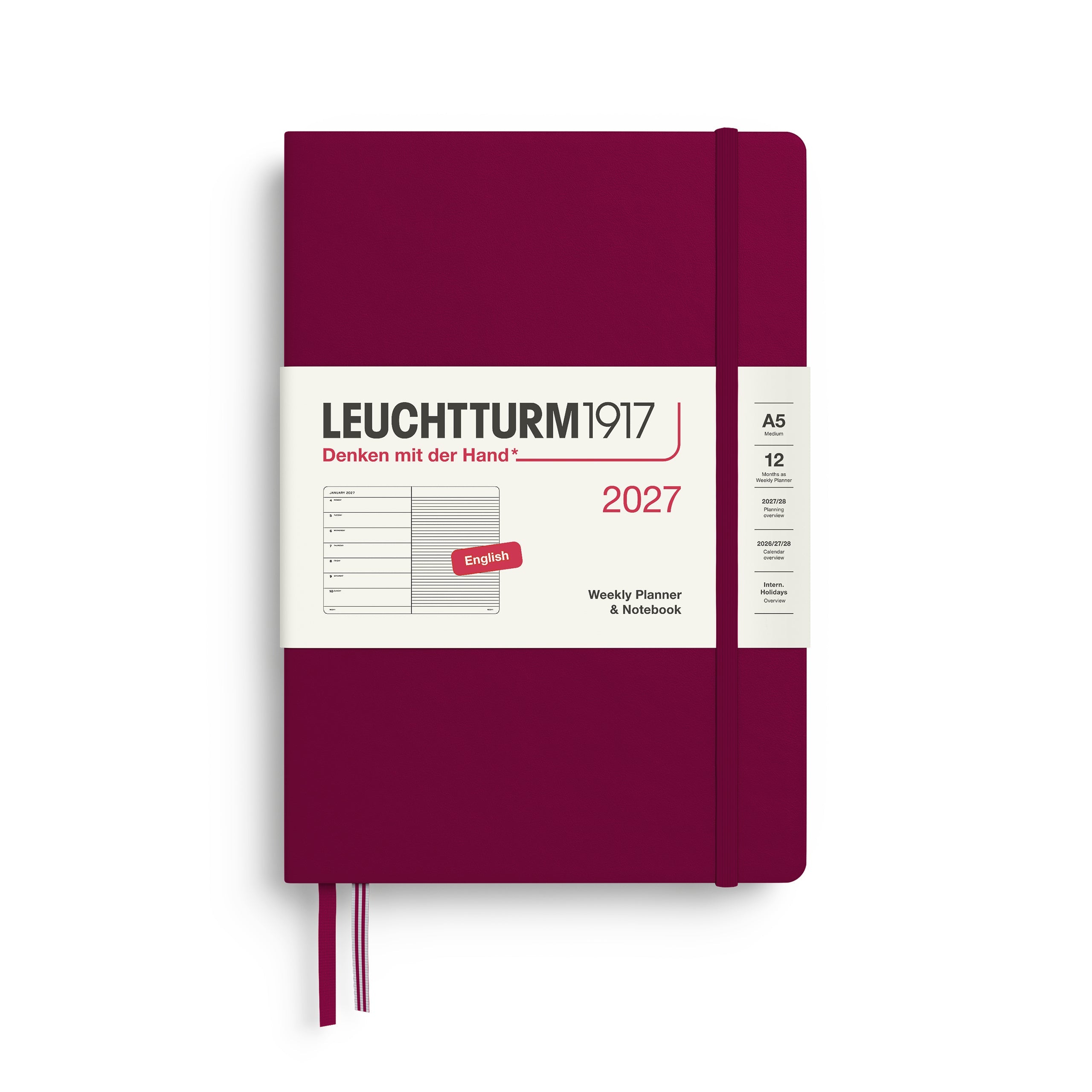 Agenda Semainier & Note Ligné 2027 LEUCHTTURM1917, Anglais - A5 - Hardcover - Port Red - 4070292002019