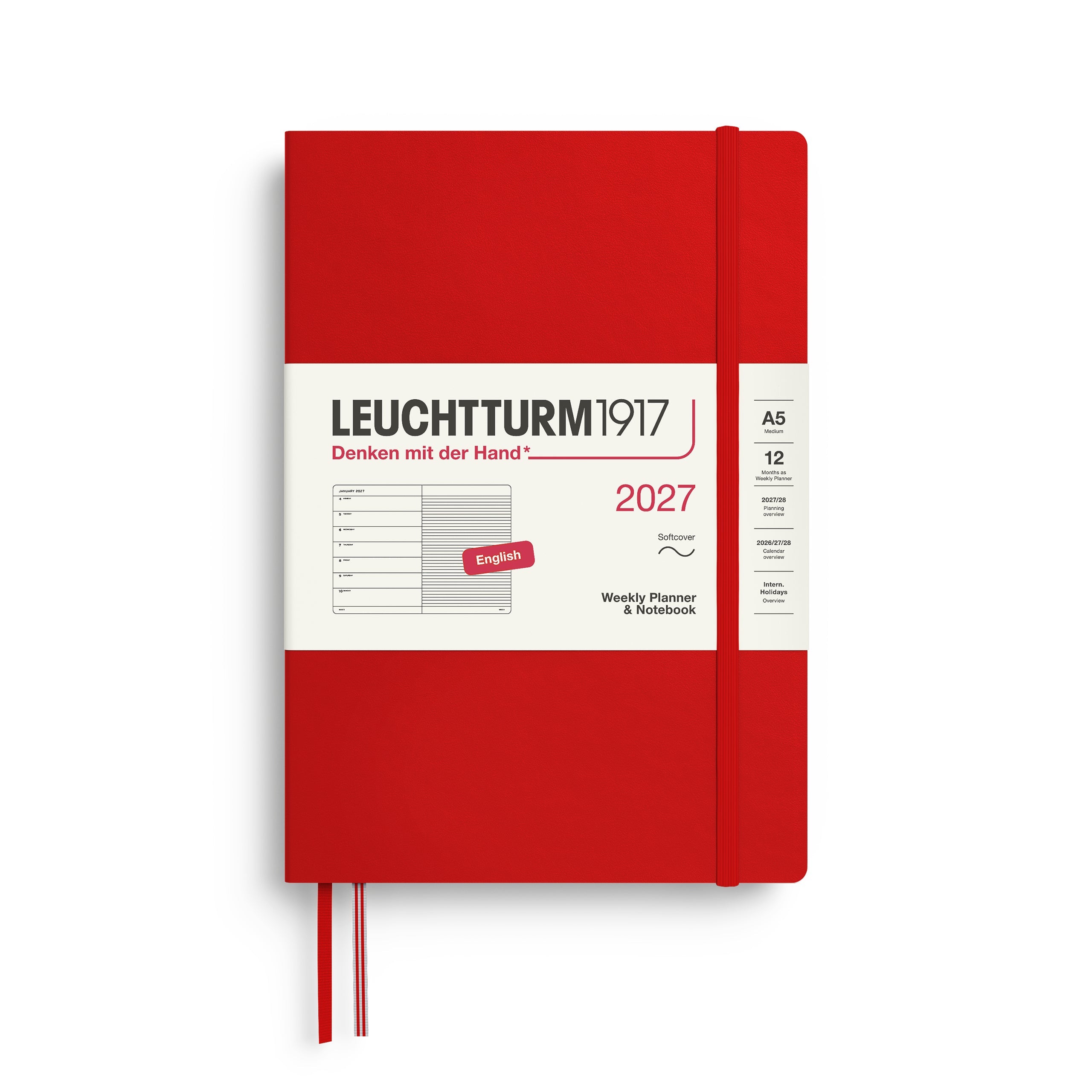 Agenda Semainier & Note Ligné 2027 LEUCHTTURM1917, Anglais - A5 - Softcover - Cherry - 4070292002217