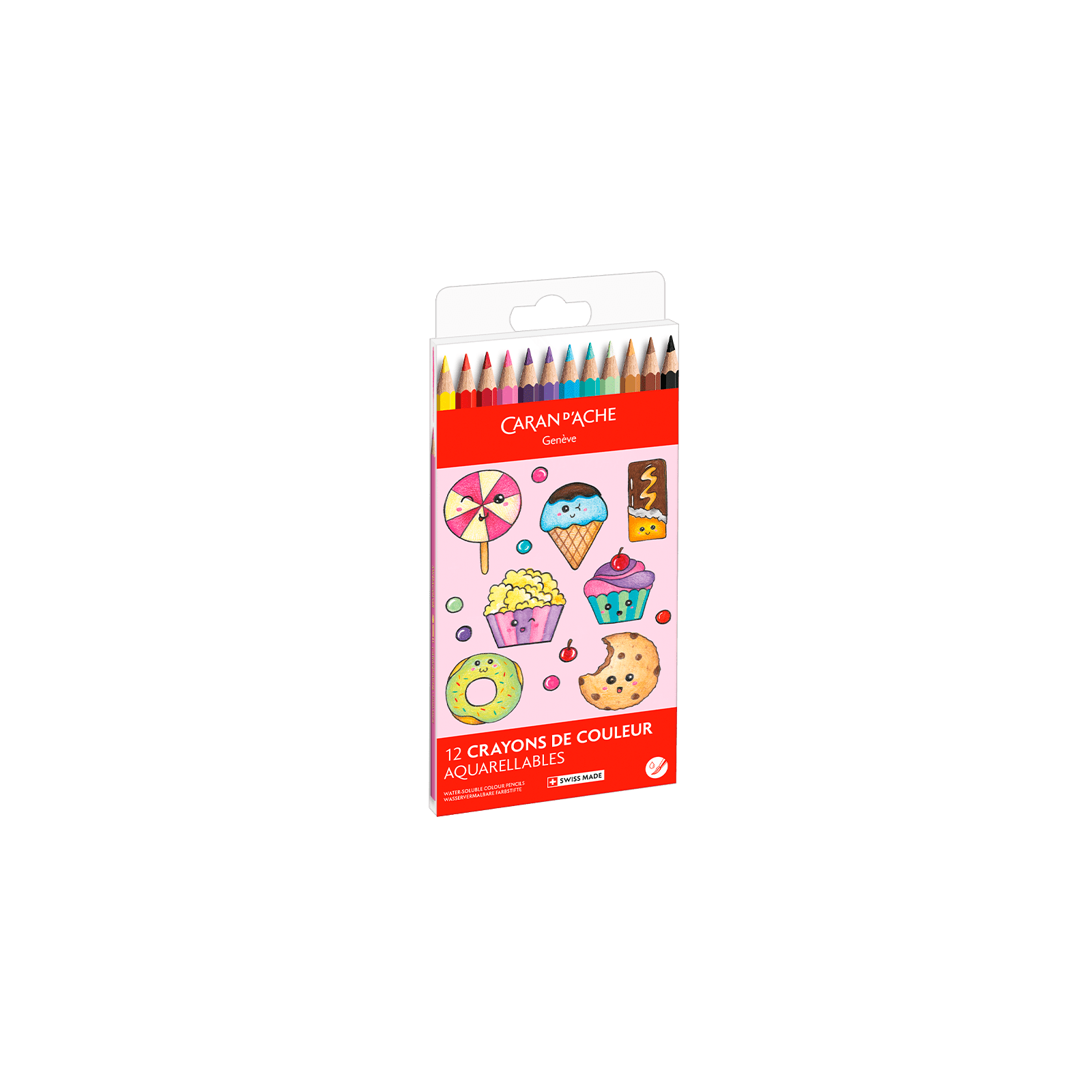 Crayons de couleur aquarellables SWISSCOLOR Aquarelle - Set 12 couleurs Kawaii Candy World - CARAN D'ACHE - 7630002364799
