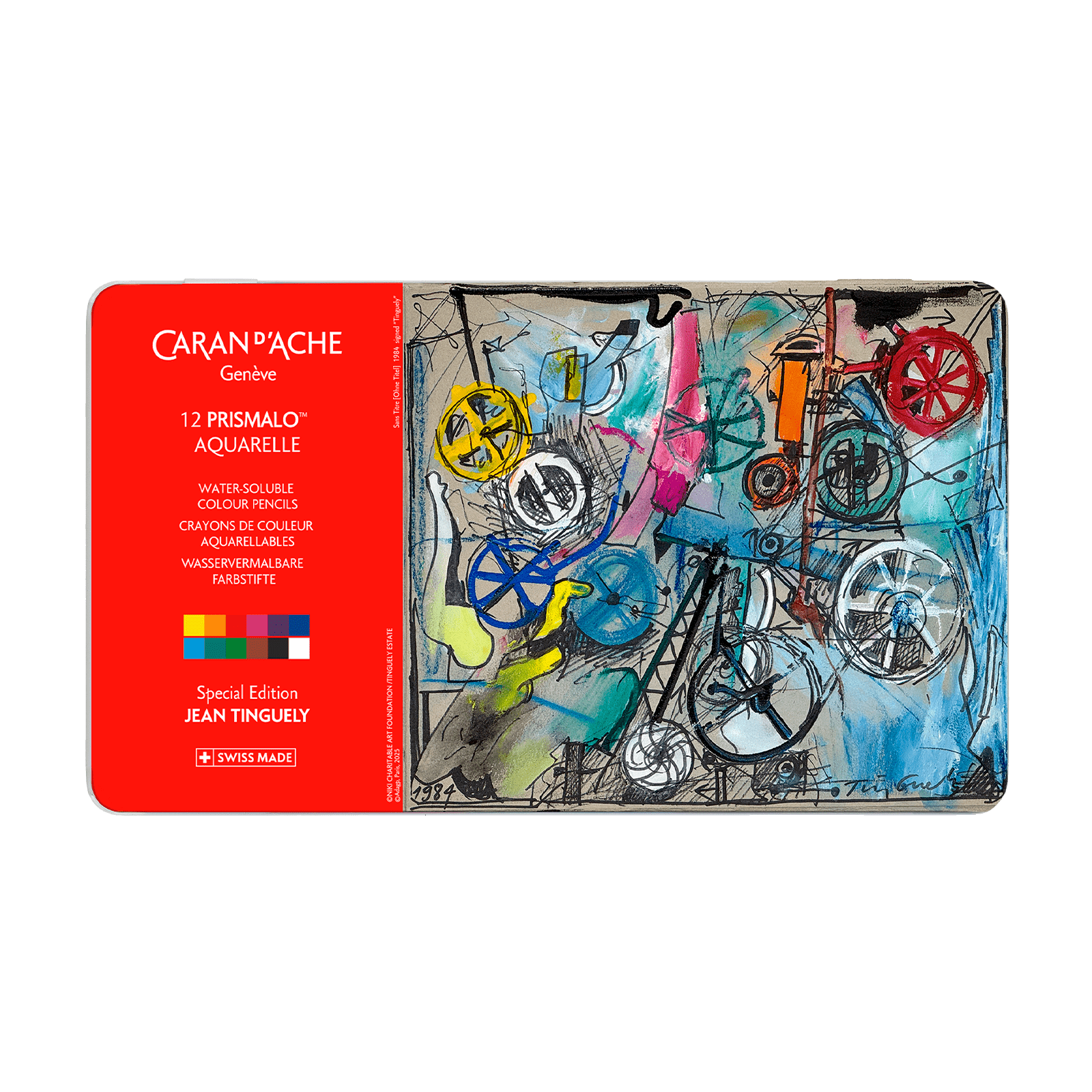 Crayons de couleur aquarellables PRISMALO Aquarelle Jean Tinguely Sans Titre Édition Spéciale - Boîte métal 12 couleurs - CARAN D'ACHE