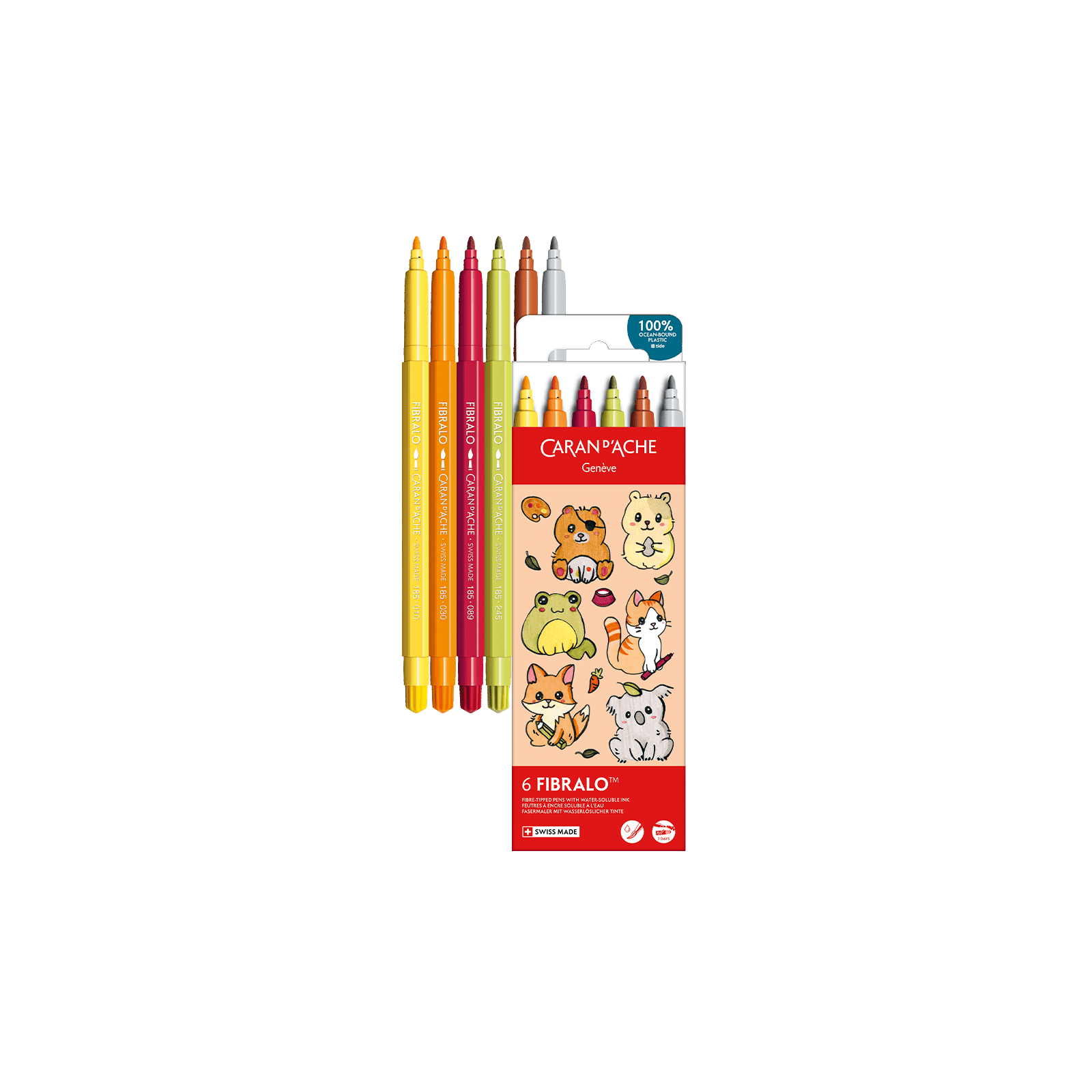 Feutres aquarellables FIBRALO - Set 6 couleurs Kawaii Cute Animals - CARAN D'ACHE - 7630002364102