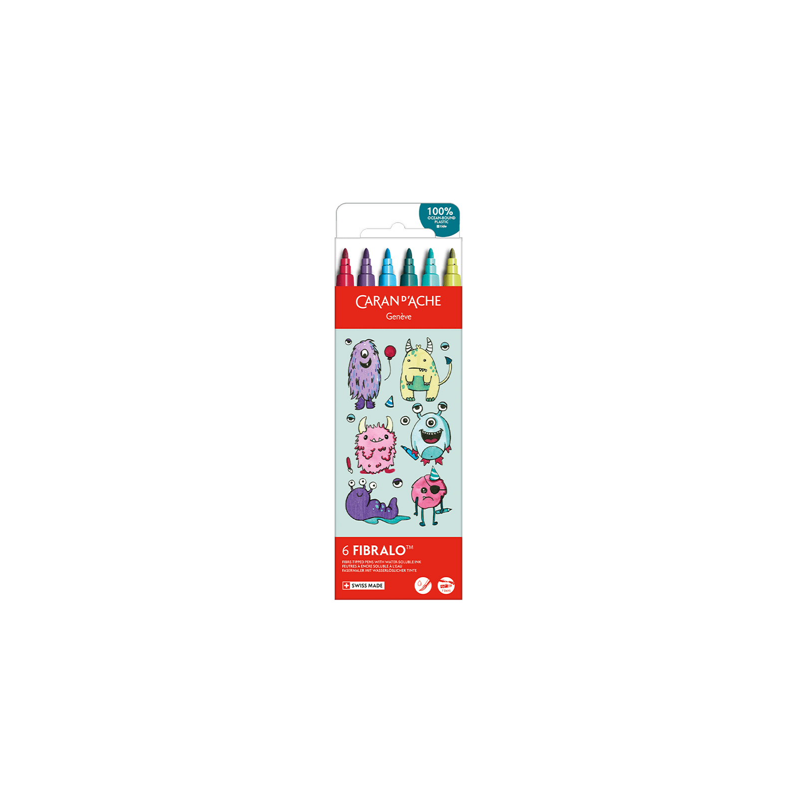 Feutres aquarellables FIBRALO - Set 6 couleurs Kawaii Funny Monsters - CARAN D'ACHE - 7630002364065