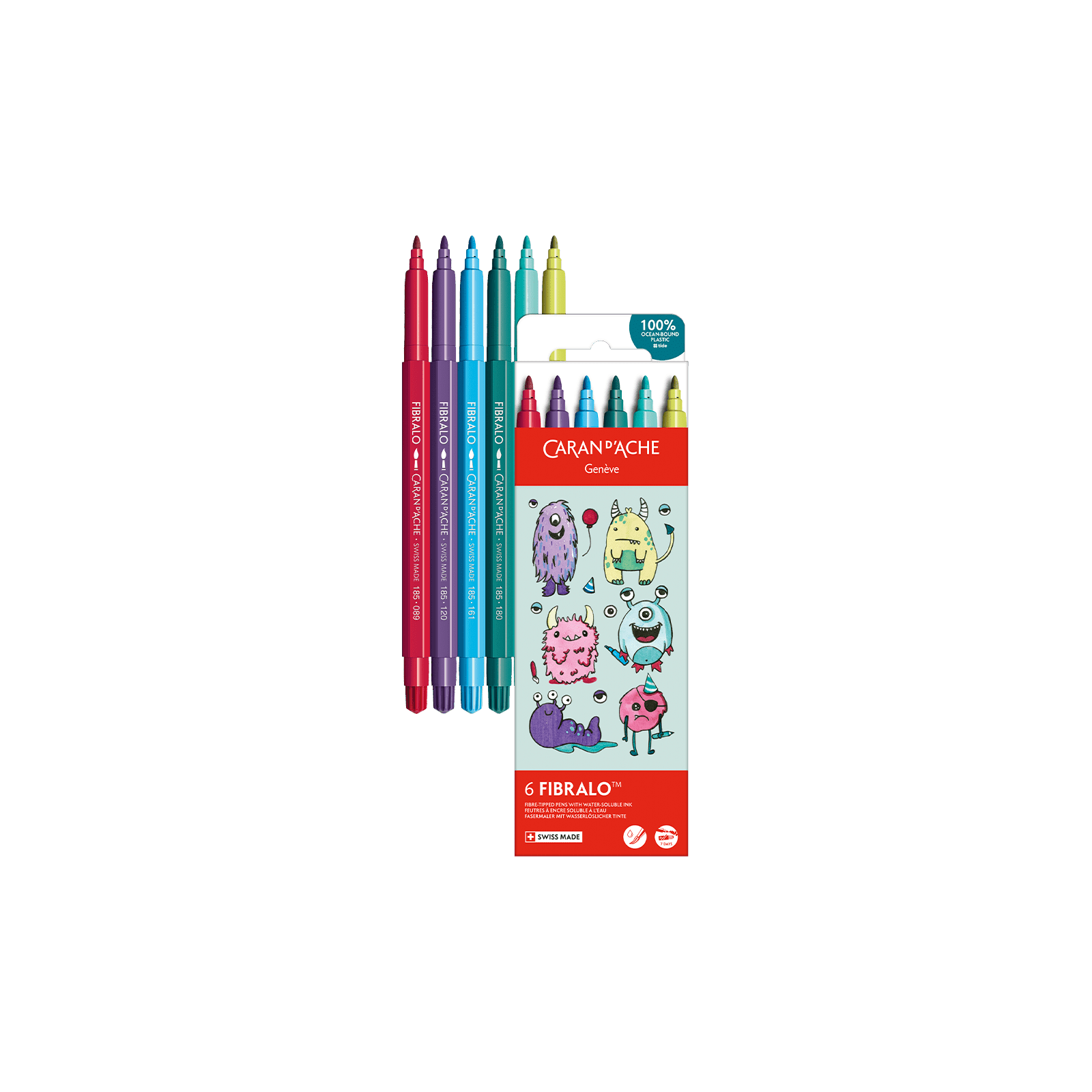 Feutres aquarellables FIBRALO - Set 6 couleurs Kawaii Funny Monsters - CARAN D'ACHE - 7630002364065