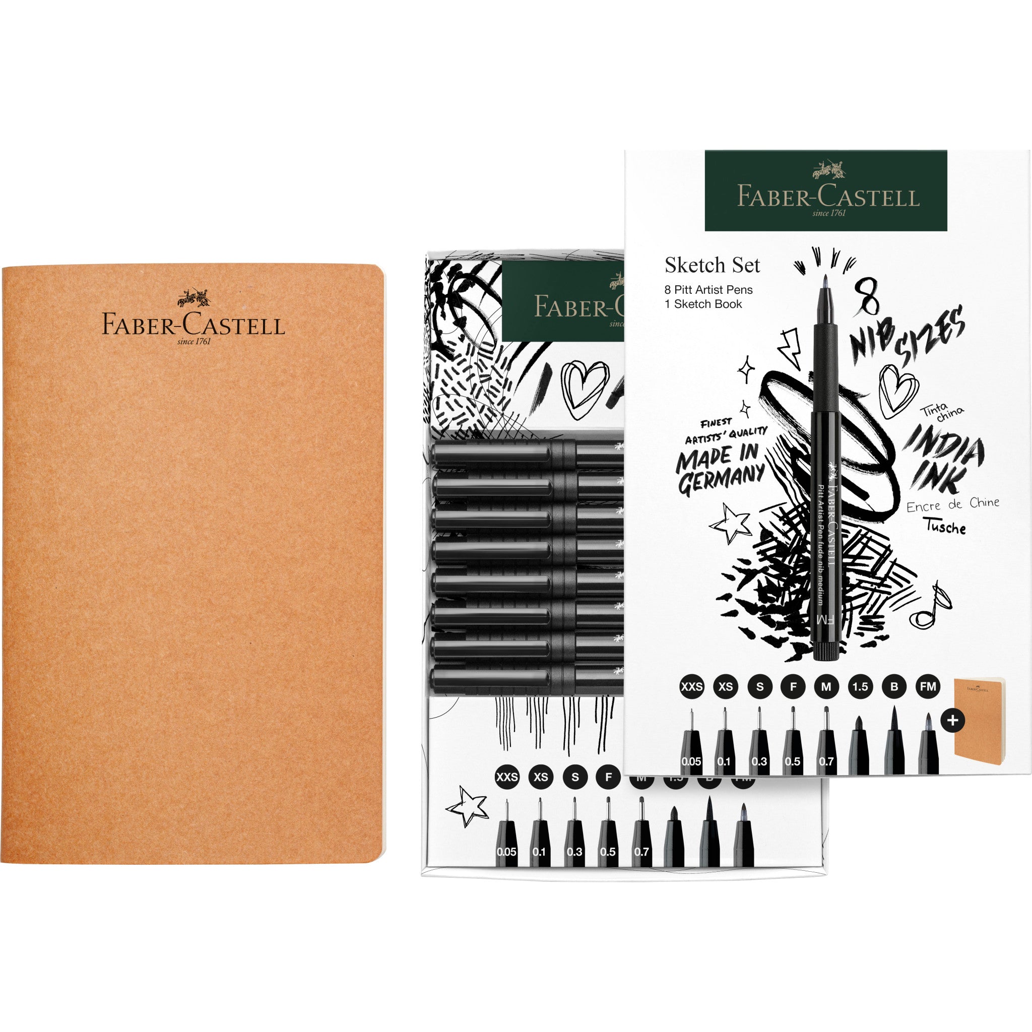 Feutres pigmentés PITT ARTIST PENS - Coffret 8 feutres noirs XXS/XS/S/F/M/1.5/B/FM + Sketchbook - FABER - CASTELL - 4005402671021