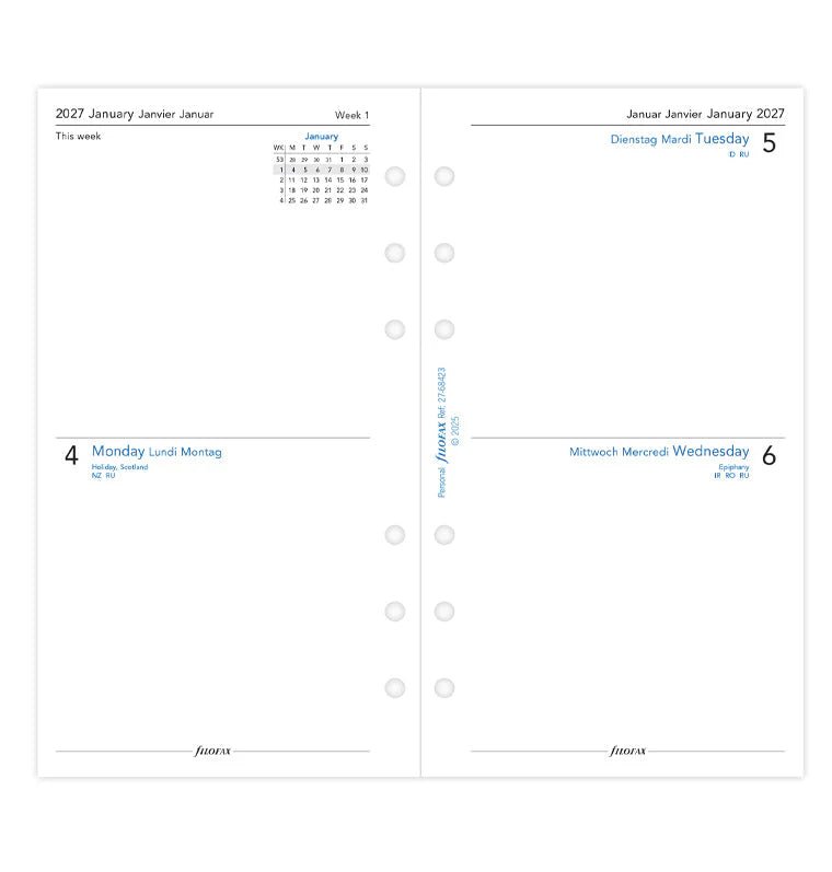 Recharge agenda 2027 FILOFAX - Personal - Deux jours par page (multilingue) - 5059145620616