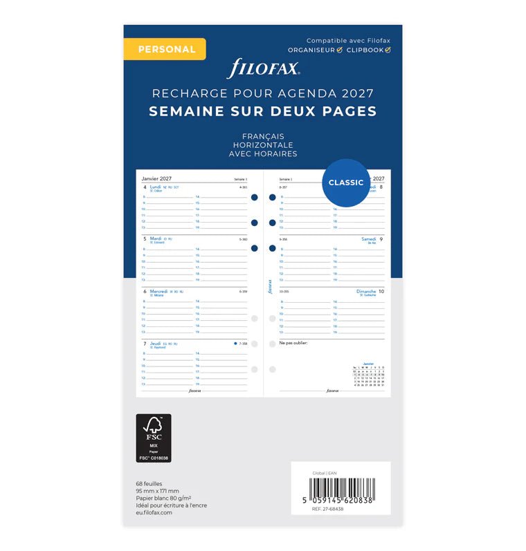 Recharge agenda 2027 FILOFAX - Personal - Semaine sur deux pages (français) - 5059145620838