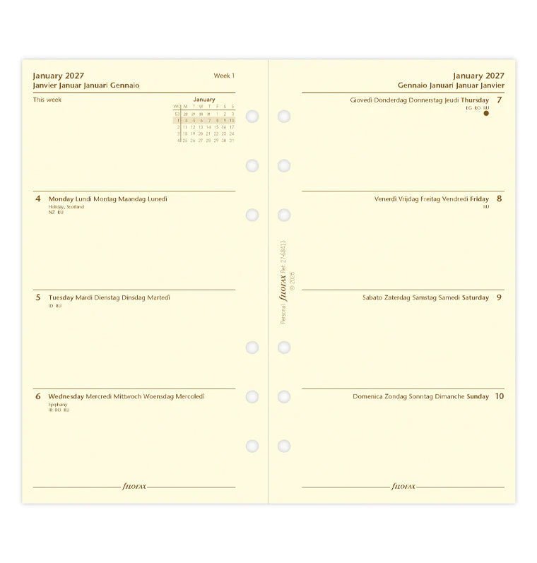 Recharge agenda 2027 FILOFAX - Personal - Semaine sur deux pages (multilingue) - 5059145620470