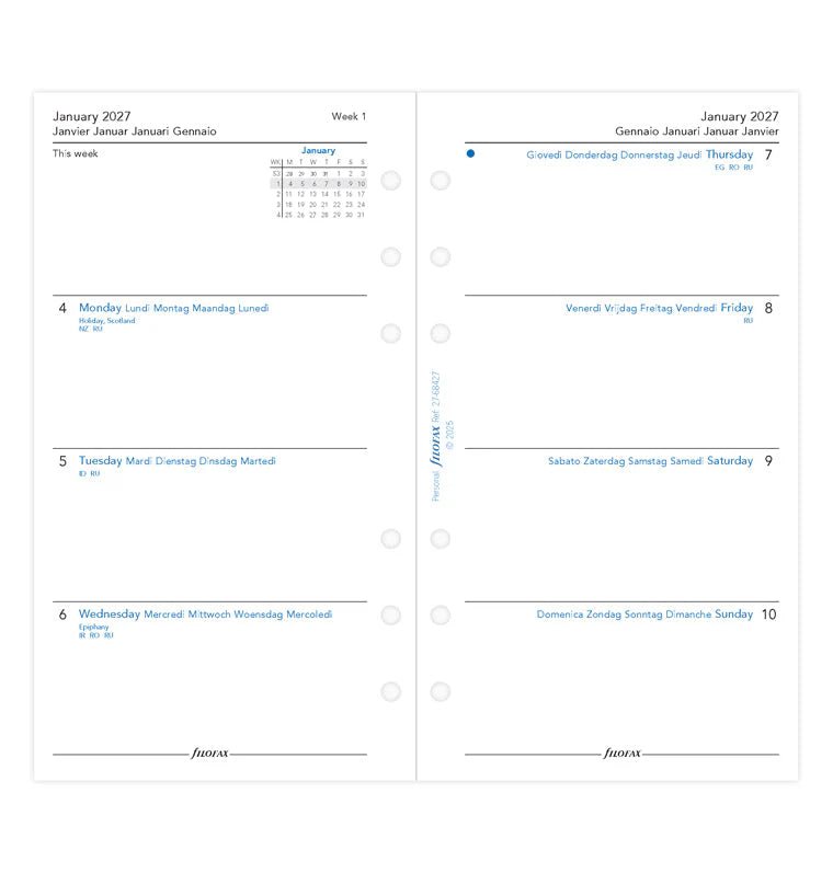 Recharge agenda 2027 FILOFAX - Personal - Semaine sur deux pages (multilingue) - 5059145620692