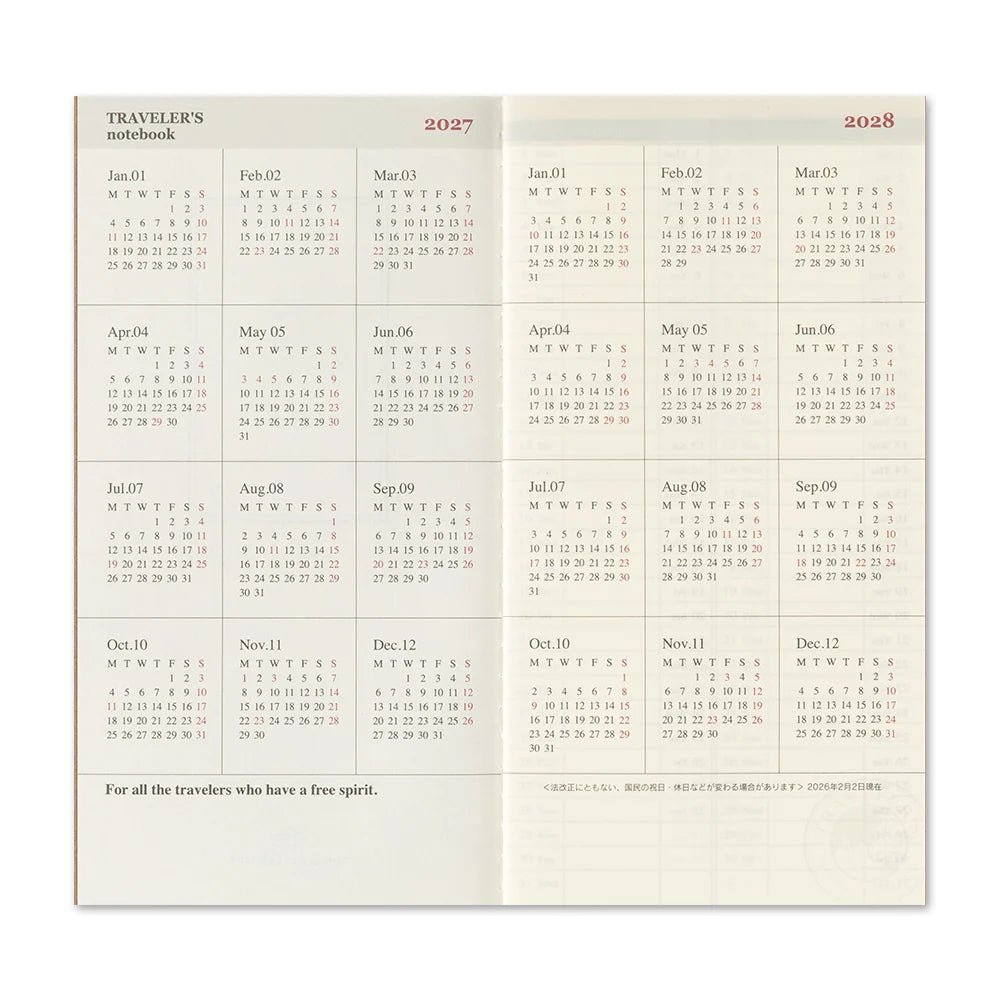 TRAVELER'S notebook - agenda semainier 2027 avec notes (regular size) -