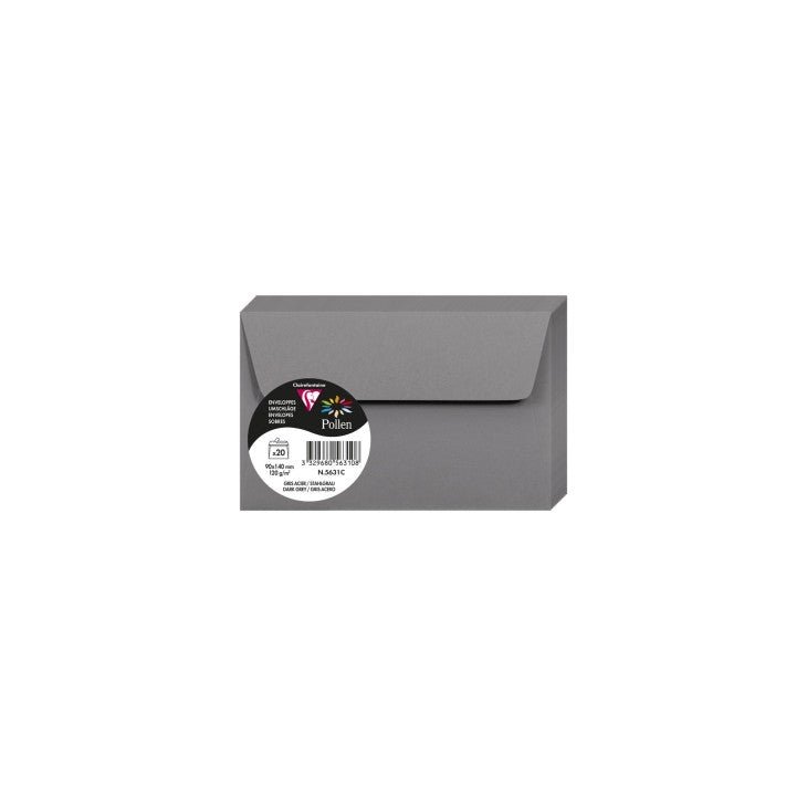 20 enveloppes CLAIREFONTAINE Pollen - 90 x 140 mm - 120 g/m² - Gris acier - 3329680563108