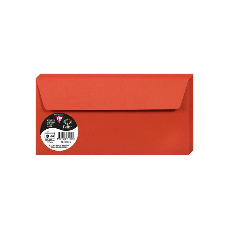20 enveloppes CLAIREFONTAINE Pollen - DL (110 x 220 mm) - 120 g/m² - Rouge corail - 3329680559958