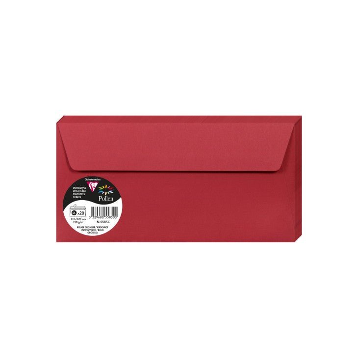 20 enveloppes CLAIREFONTAINE Pollen - DL (110 x 220 mm) - 120 g/m² - Rouge groseille - 3329680558500
