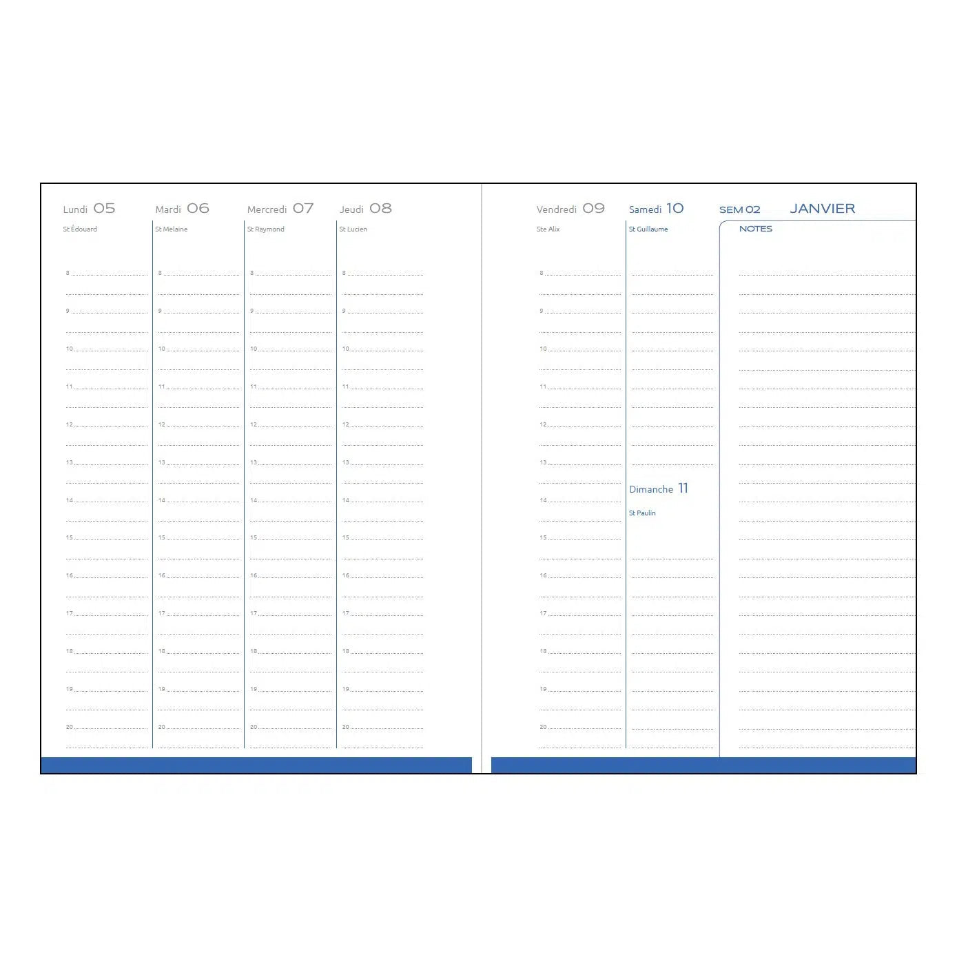 Agenda 2027 ÉPOPÉE Clémence - A5 - 1 semaine sur 2 pages - Orientation verticale - Bleu lavande - 