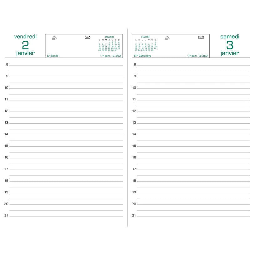 Agenda 2027 EXACOMPTA Travers - 13,5 x 21 cm - 1 jour par page - Orientation verticale - Vert - 3660942007580