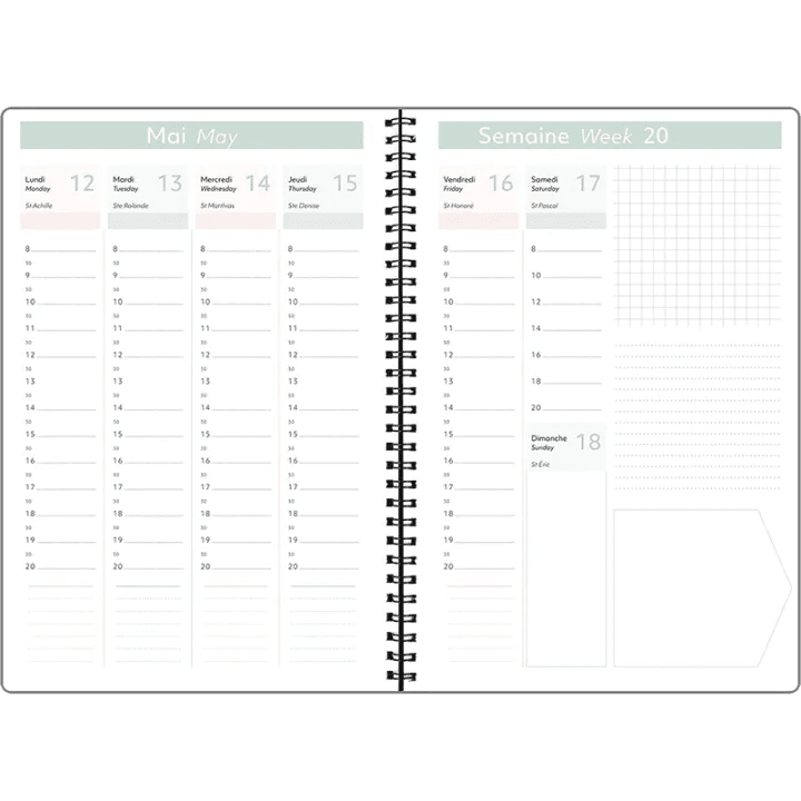 Agenda 2027 OBERTHUR Primrose - 16 x 24 cm - 1 semaine sur 2 pages - Orientation verticale - Vert sauge - 3664447229348