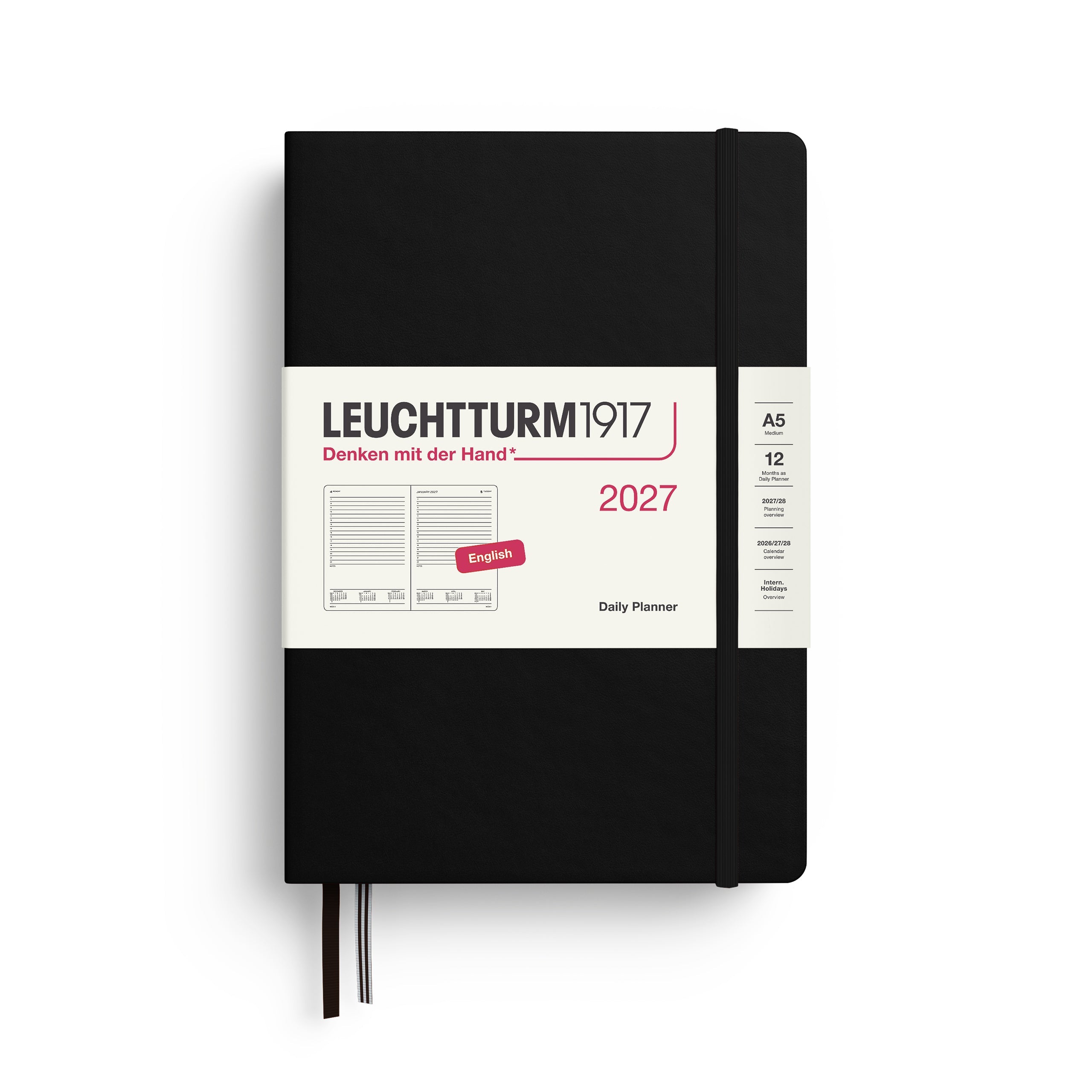 Agenda Journalier 2027 LEUCHTTURM1917, Anglais - A5 - Hardcover - Black - 4070292003108