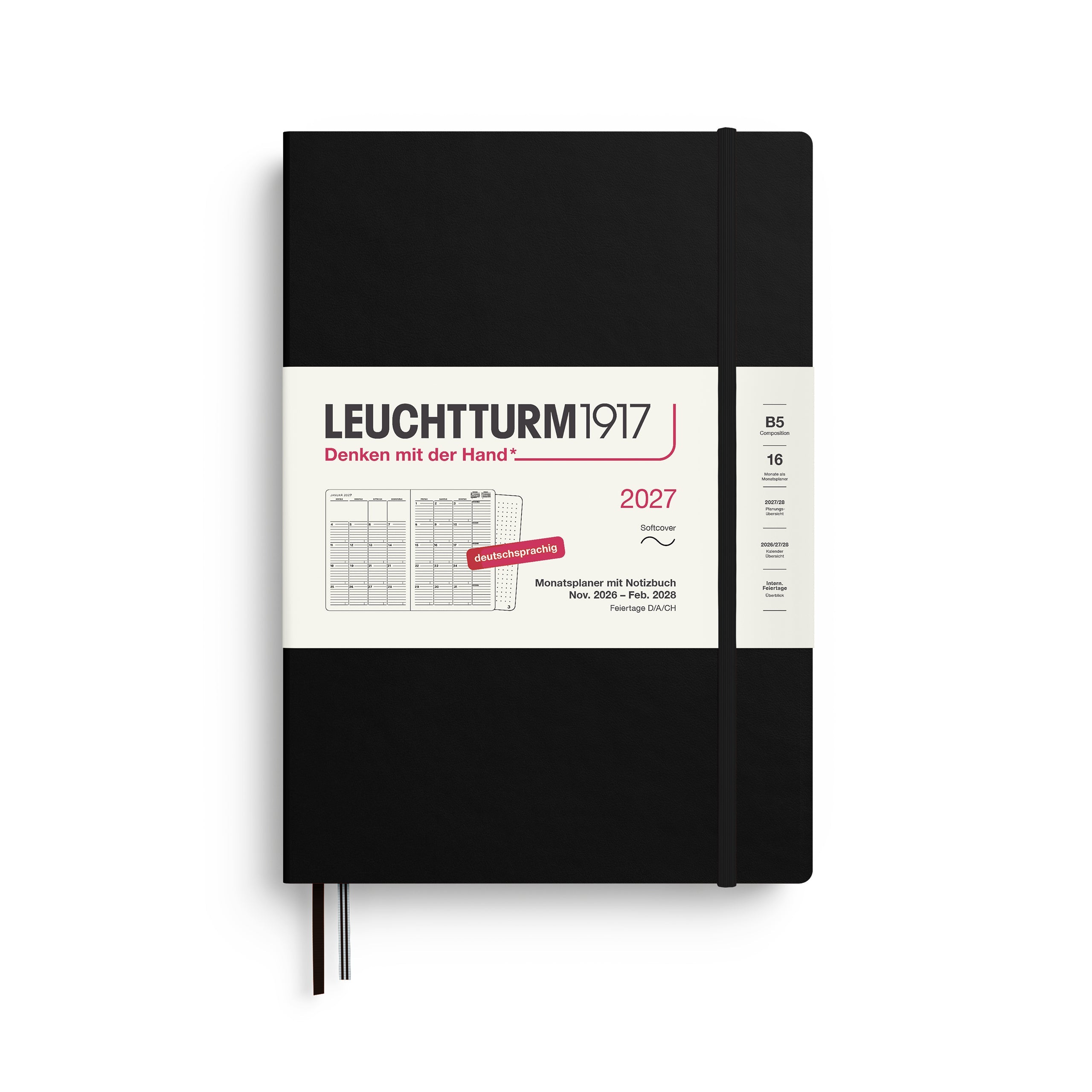 Agenda Mensuel 2027 LEUCHTTURM1917, Anglais - B5 - Softcover - Black - 4070292003238