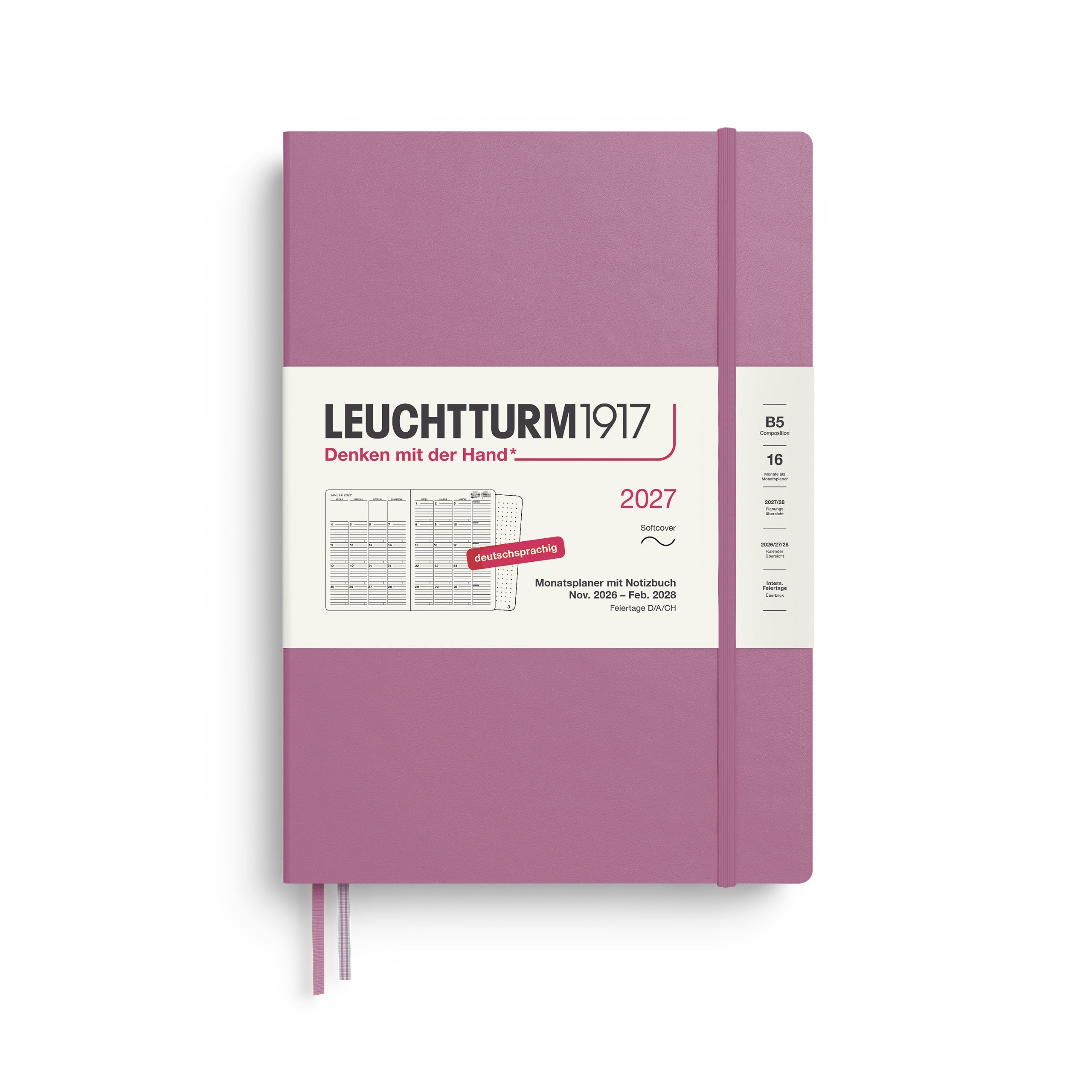 Agenda Mensuel 2027 LEUCHTTURM1917, Anglais - B5 - Softcover - Dusty Rose - 4070292003245
