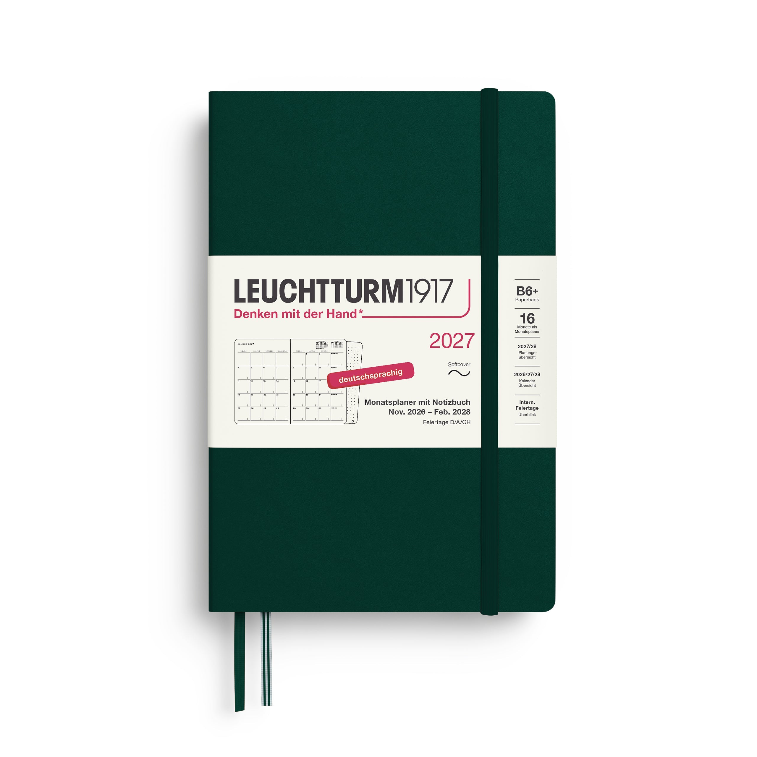 Agenda Mensuel 2027 LEUCHTTURM1917, Anglais - B6+ - Softcover - Forest Green - 4070292003306