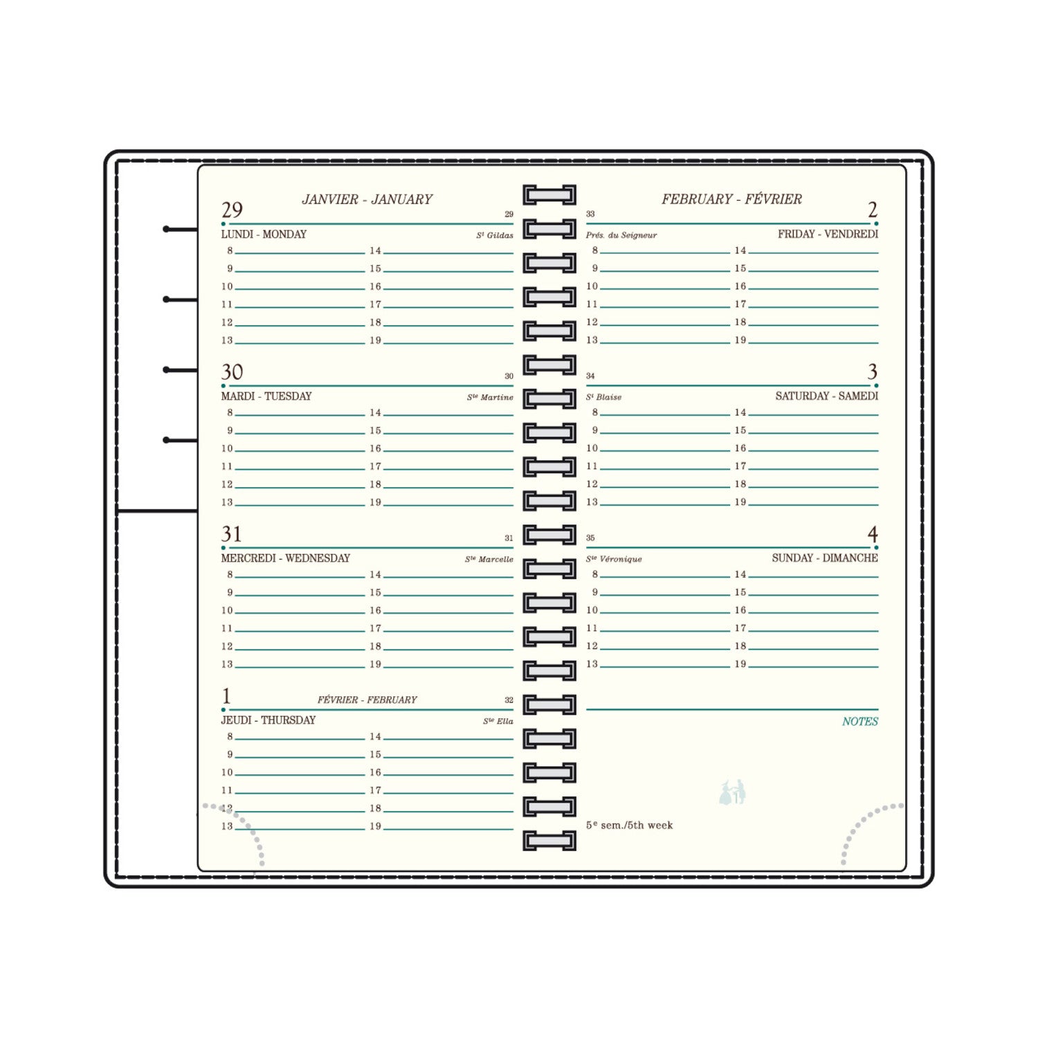 Agenda MIGNON AS16 - 8,8 x 16,5 cm - 1 semaine sur 2 pages - Orientation horizontale - Bornéo noir