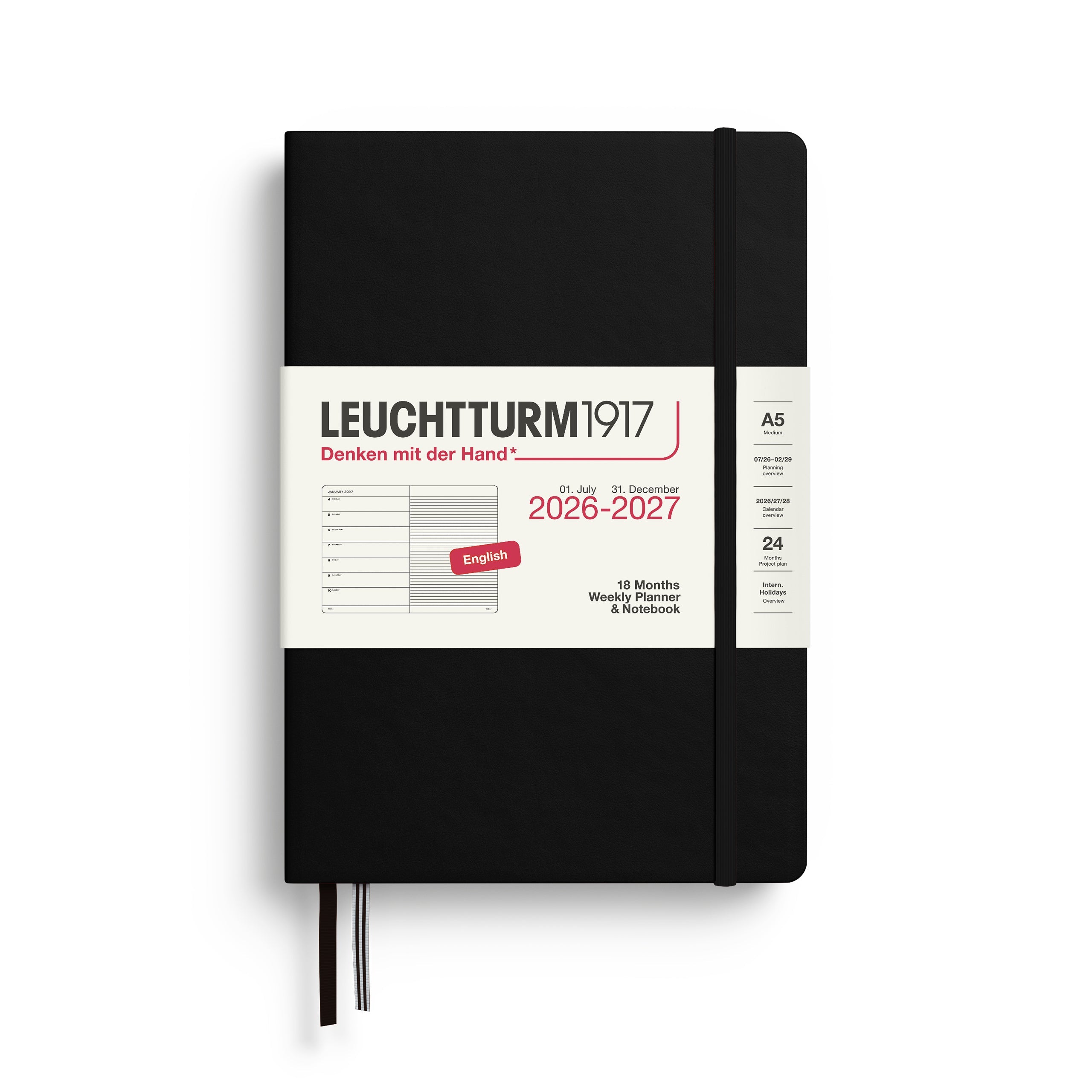 Agenda Semainier & Note Ligné 2026 - 2027 (18 mois) LEUCHTTURM1917, Anglais - A5 - Hardcover - Black - 4070292003313
