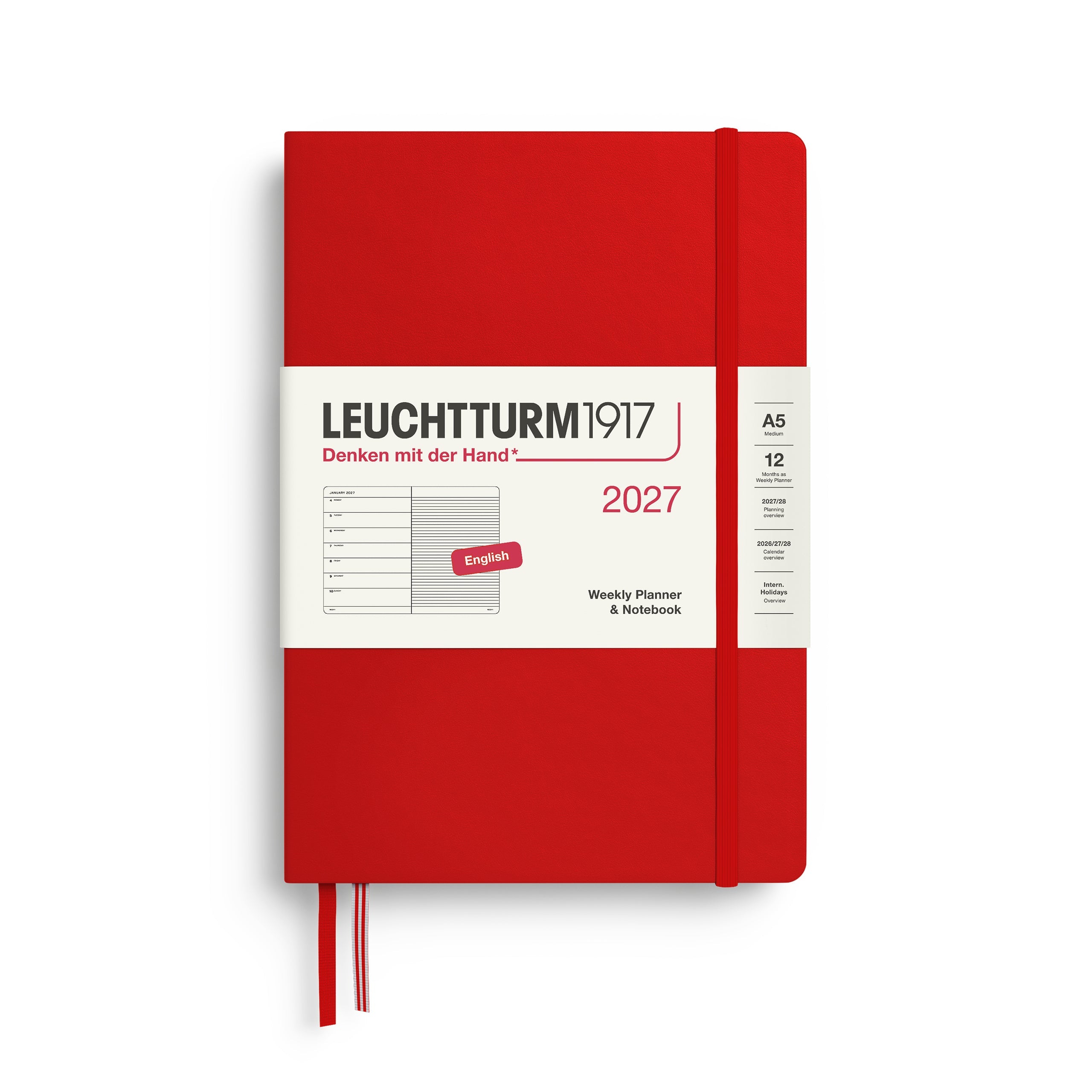 Agenda Semainier & Note Ligné 2027 LEUCHTTURM1917, Anglais - A5 - Hardcover - Cherry - 4070292002026