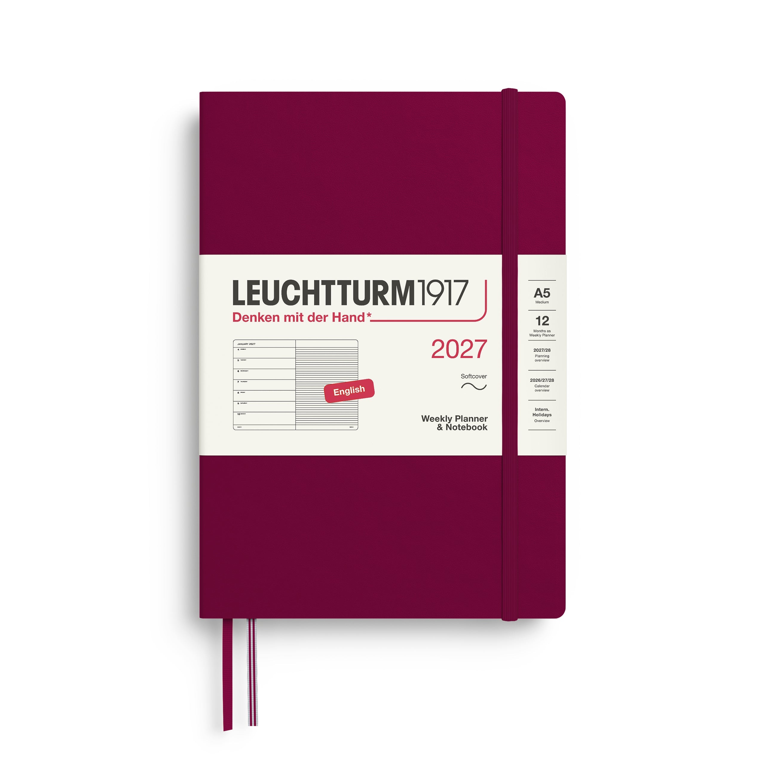 Agenda Semainier & Note Ligné 2027 LEUCHTTURM1917, Anglais - A5 - Softcover - Port Red - 4070292002200