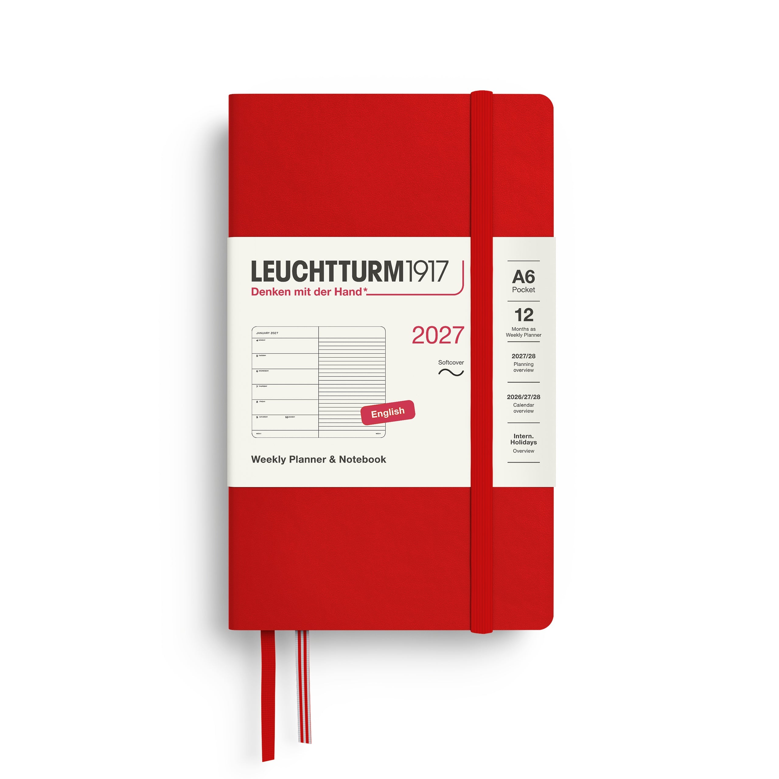 Agenda Semainier & Note Ligné 2027 LEUCHTTURM1917, Anglais - A6 - Softcover - Cherry - 4070292002385