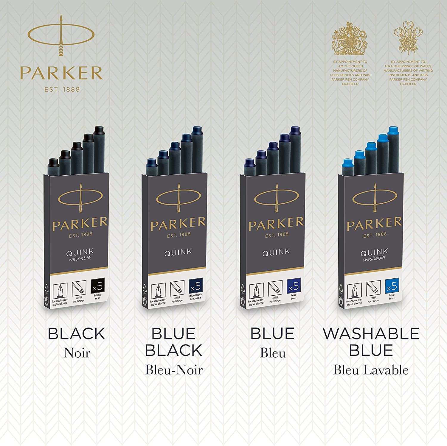 Cartouches d'encre PARKER Quink, long format - Bleu - Noir - 3501179503851