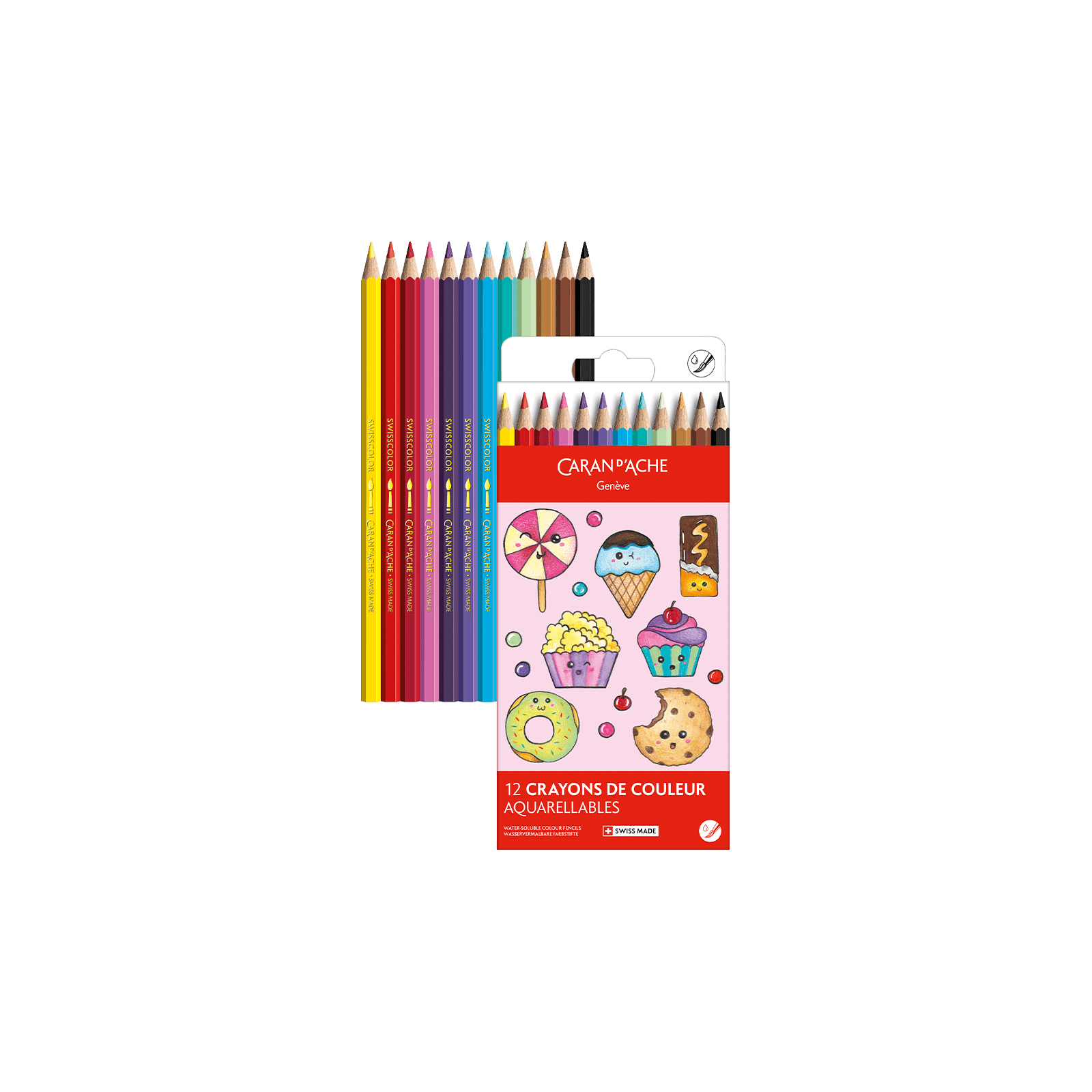 Crayons de couleur aquarellables SWISSCOLOR Aquarelle - Set 12 couleurs Kawaii Candy World - CARAN D'ACHE - 7630002364799