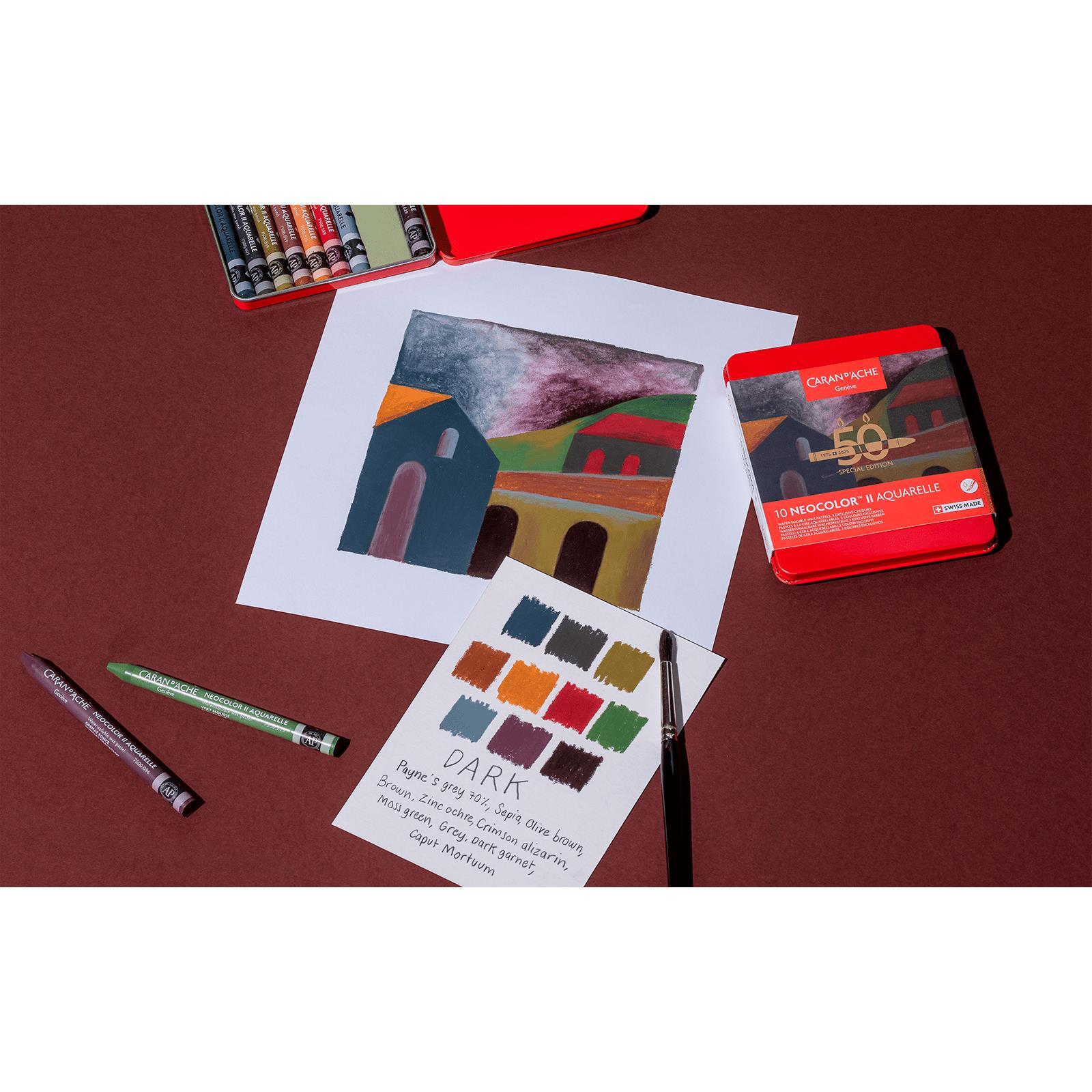 Pastels à la cire aquarellables NEOCOLOR II Aquarelle Dark Édition Spéciale 50 ans - Boîte métal 10 couleurs - CARAN D'ACHE