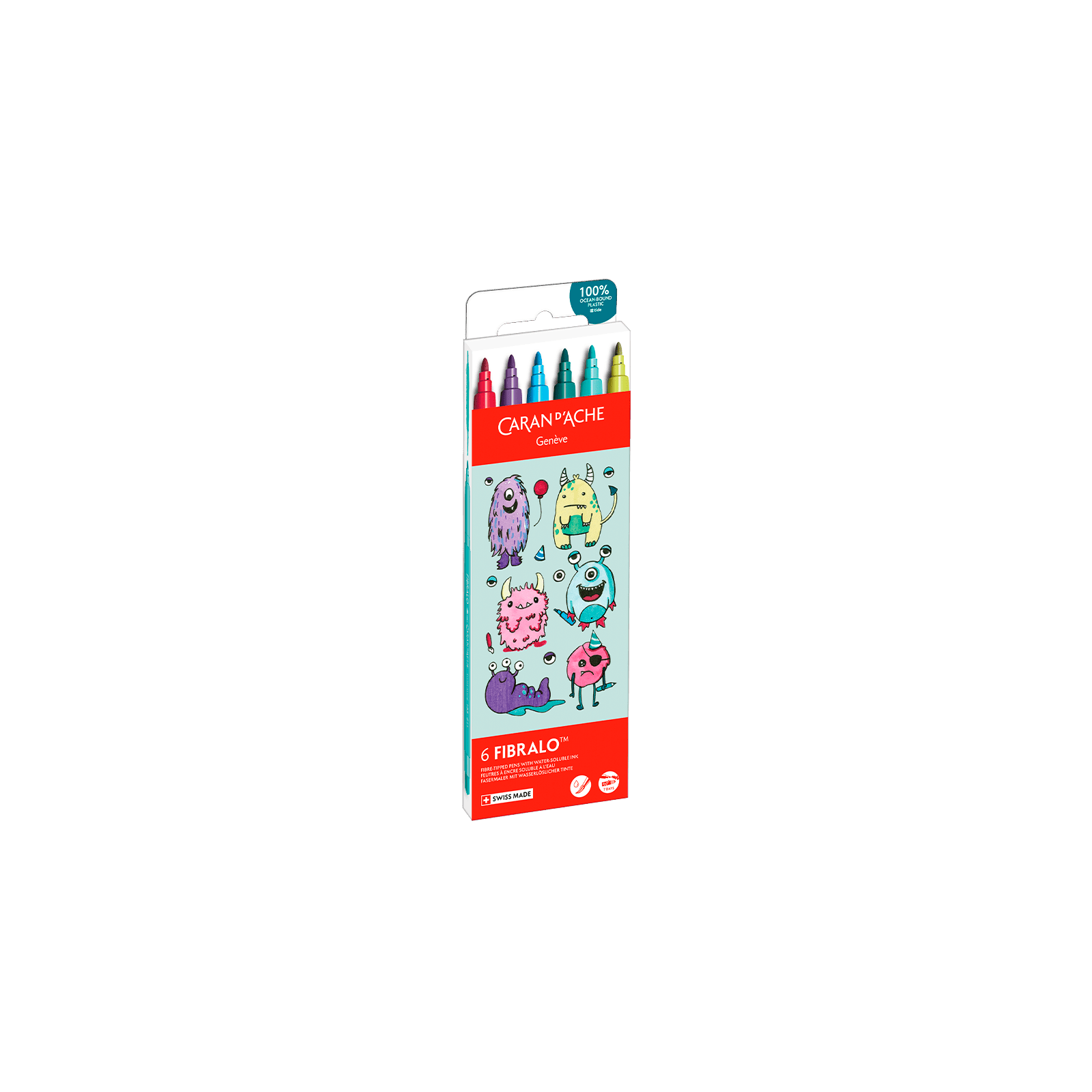 Feutres aquarellables FIBRALO - Set 6 couleurs Kawaii Funny Monsters - CARAN D'ACHE - 7630002364065