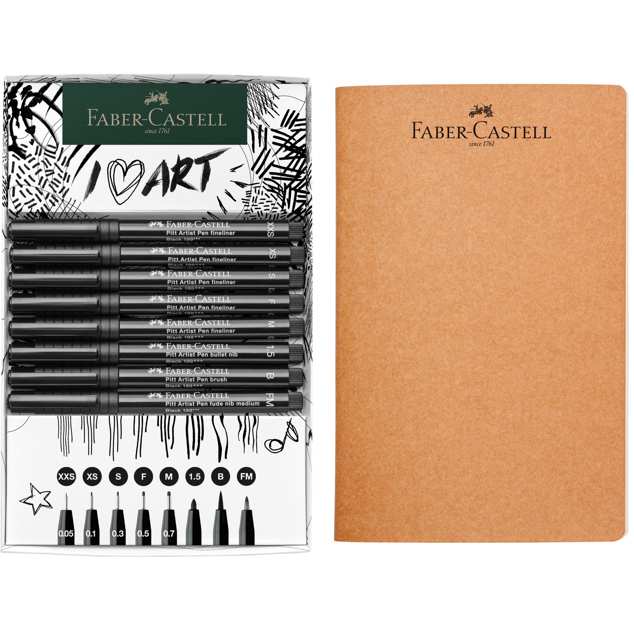 Feutres pigmentés PITT ARTIST PENS - Coffret 8 feutres noirs XXS/XS/S/F/M/1.5/B/FM + Sketchbook - FABER - CASTELL - 4005402671021