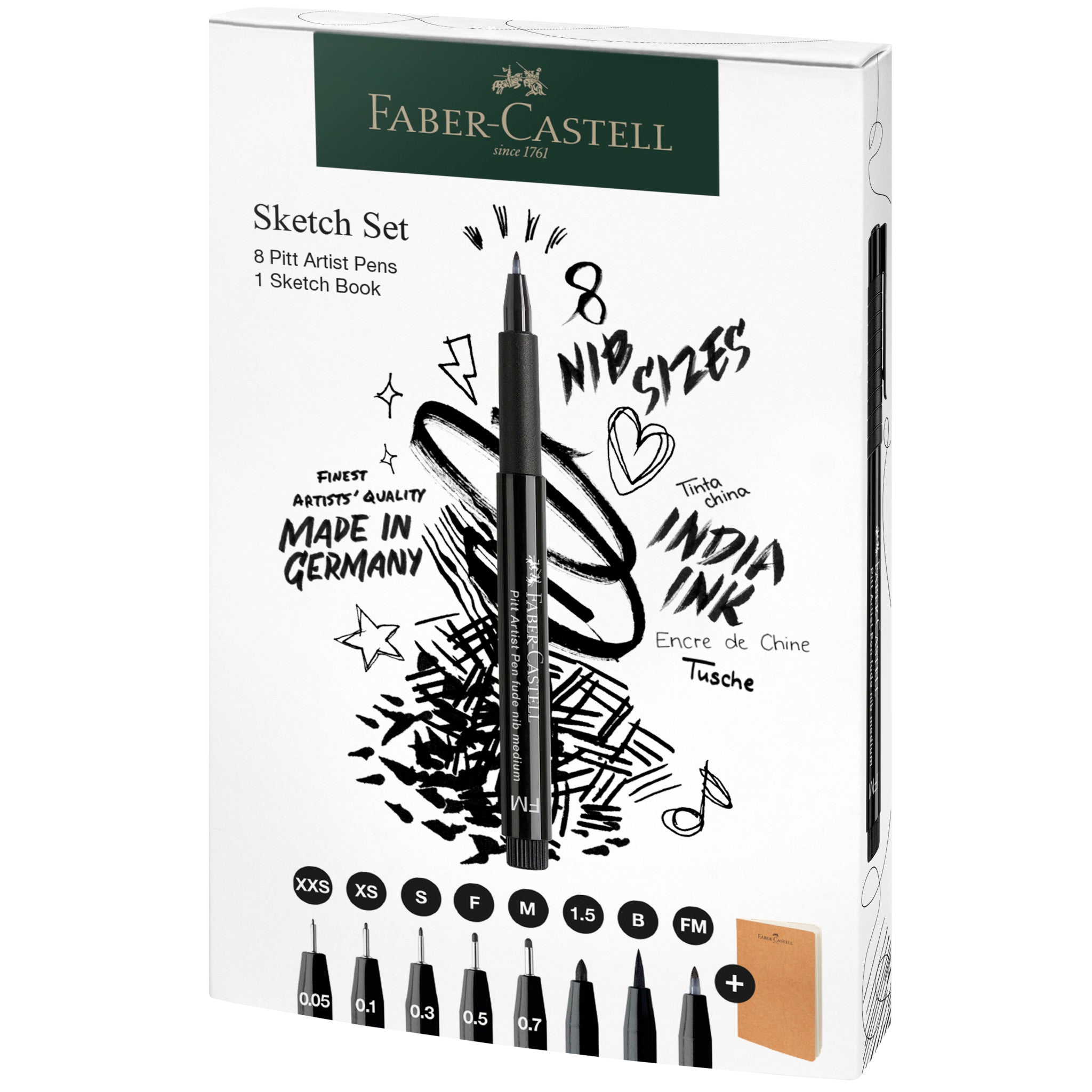 Feutres pigmentés PITT ARTIST PENS - Coffret 8 feutres noirs XXS/XS/S/F/M/1.5/B/FM + Sketchbook - FABER - CASTELL - 4005402671021