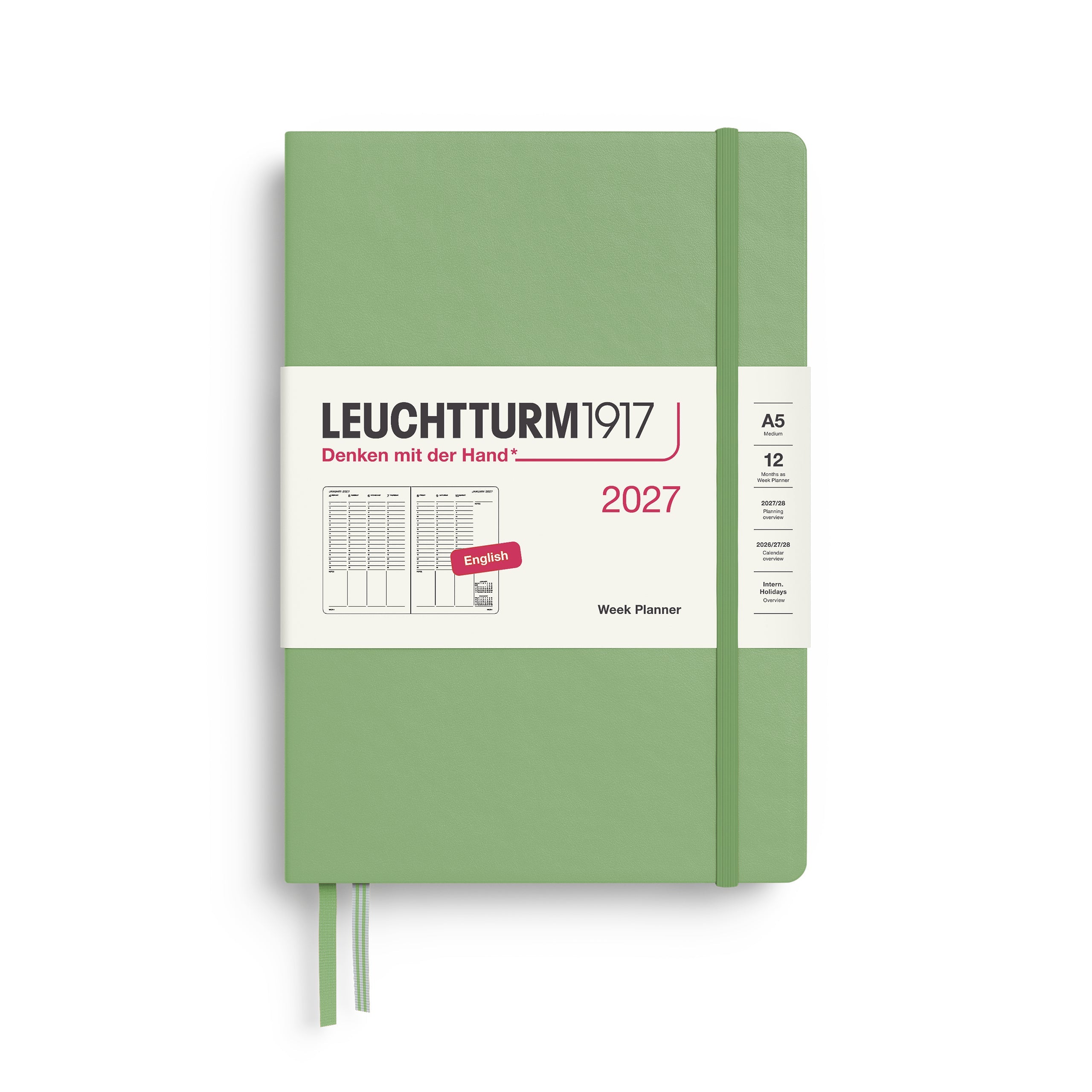 Planificateur Semainier 2027 LEUCHTTURM1917, Anglais - A5 - Hardcover - Sauge - 4070292003023