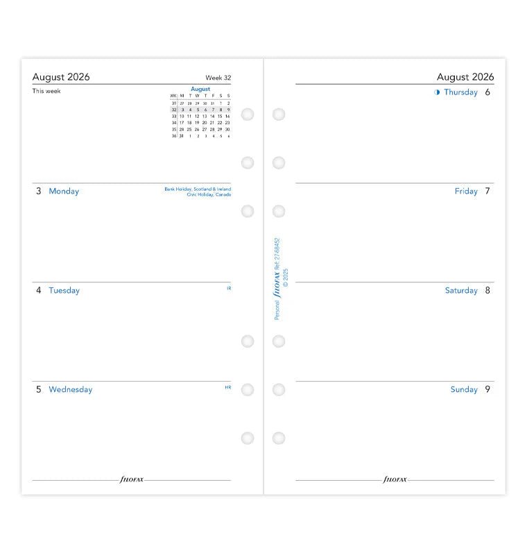 Recharge agenda 2026 - 2027 FILOFAX - Personal - Semaine sur deux pages (anglais) - 5059145621019