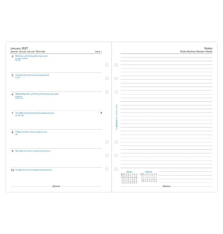 Recharge agenda 2027 FILOFAX - A5 - Semaine sur une page + page de notes (multilingue) - 5059145621354