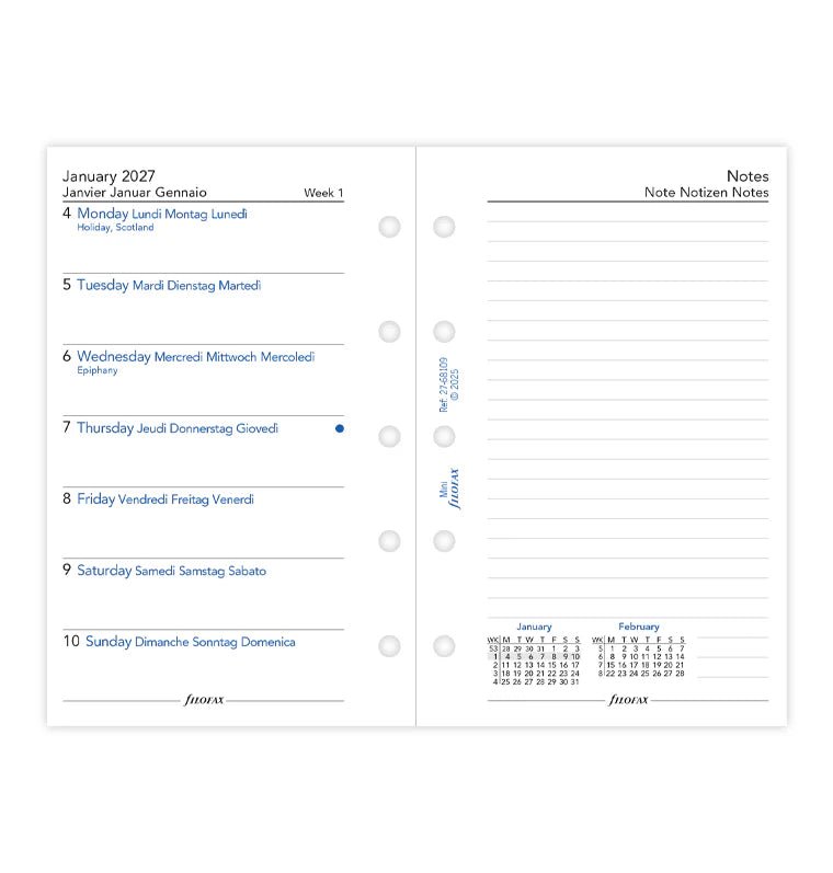 Recharge agenda 2027 FILOFAX - Mini - Semaine sur une page + page de notes (multilingue) - 5059145619573