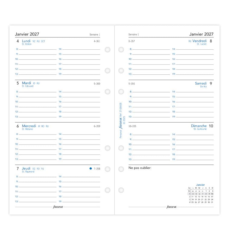 Recharge agenda 2027 FILOFAX - Personal - Semaine sur deux pages (français) - 5059145620838