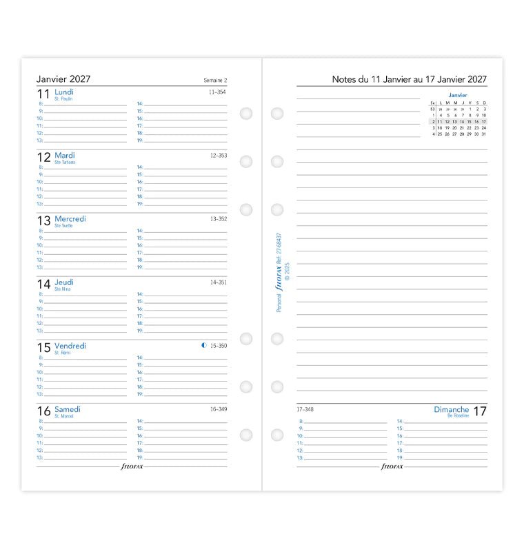 Recharge agenda 2027 FILOFAX - Personal - Semaine sur une page + page de notes (français) - 5059145620814