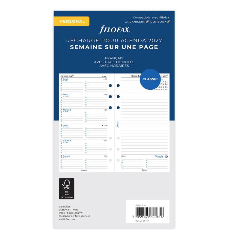 Recharge agenda 2027 FILOFAX - Personal - Semaine sur une page + page de notes (français) - 5059145620814