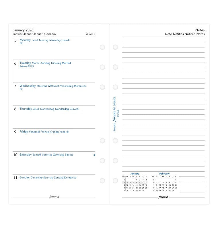 Recharge agenda 2027 FILOFAX - Personal - Semaine sur une page + page de notes (multilingue) - 5059145620432