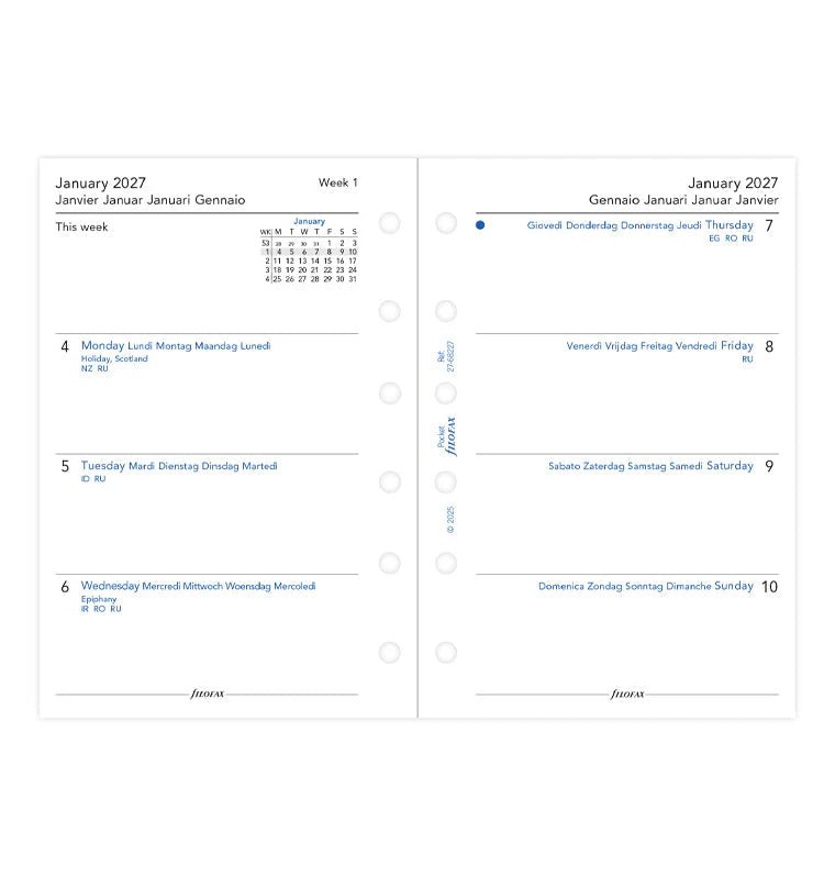 Recharge agenda 2027 FILOFAX - Pocket - Semaine sur deux pages (multilingue) - 5059145619931