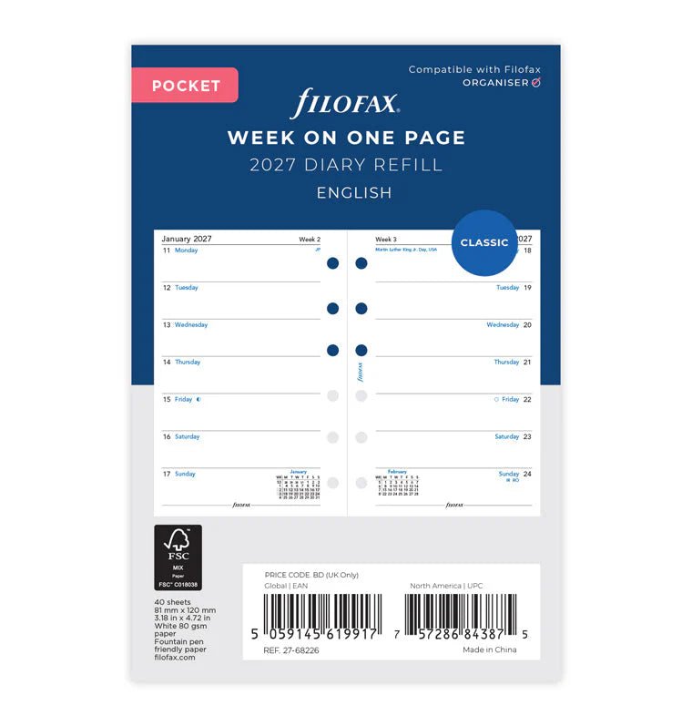Recharge agenda 2027 FILOFAX - Pocket - Semaine sur une page (anglais) - 5059145619917
