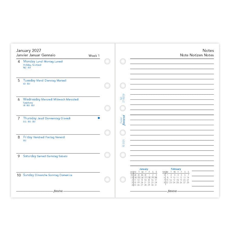 Recharge agenda 2027 FILOFAX - Pocket - Semaine sur une page + page de notes (multilingue) - 5059145619771